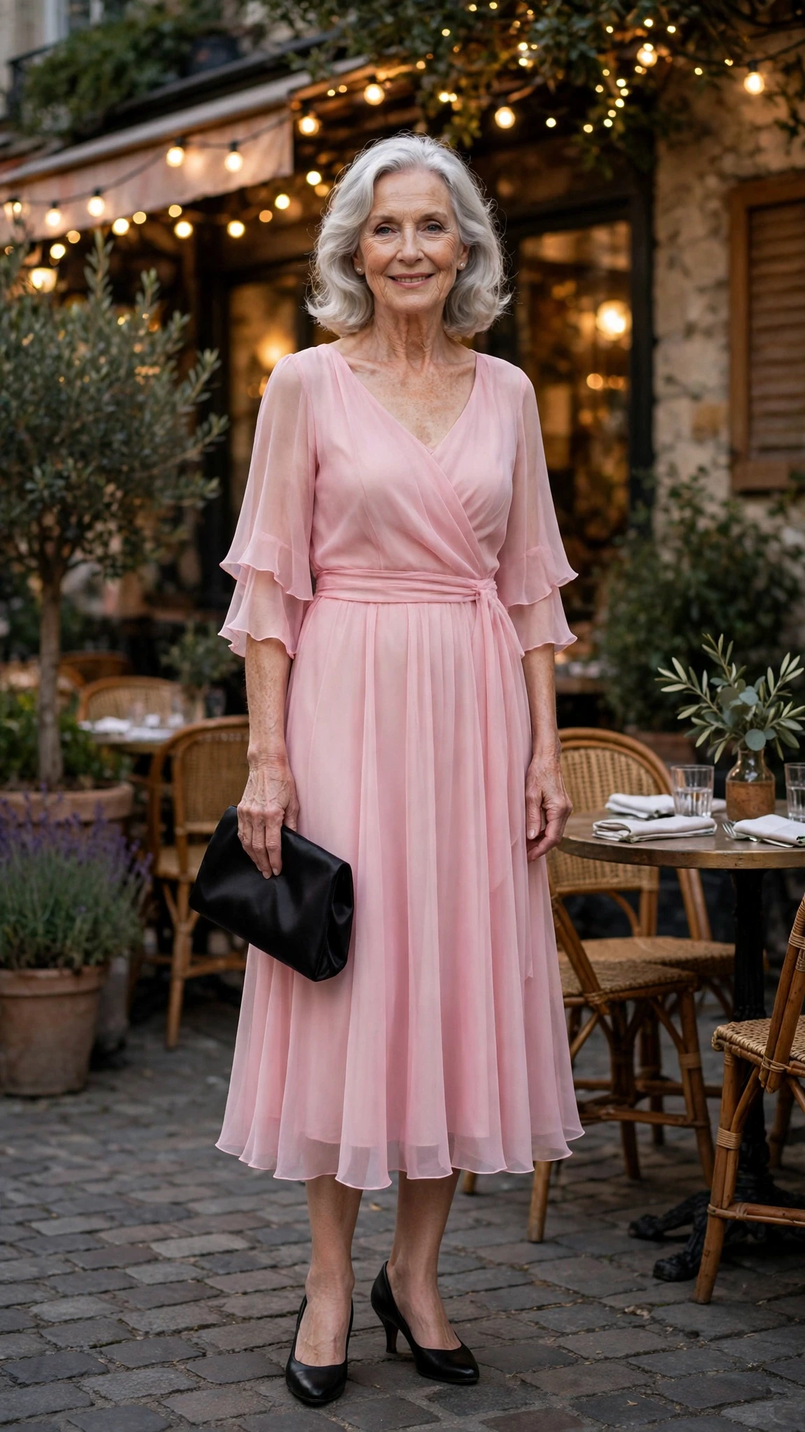 Soft Pink Chiffon Midi Dress with a black satin clutch