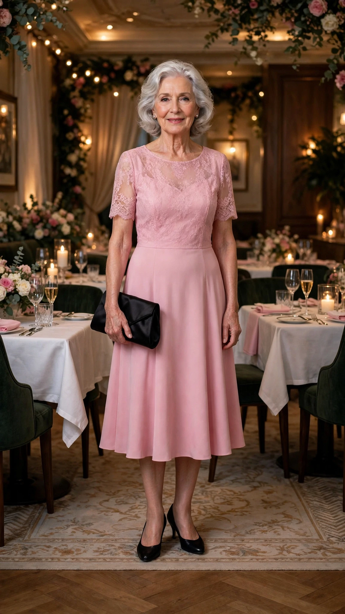 Pink Tea-Length Dress with a black satin clutch