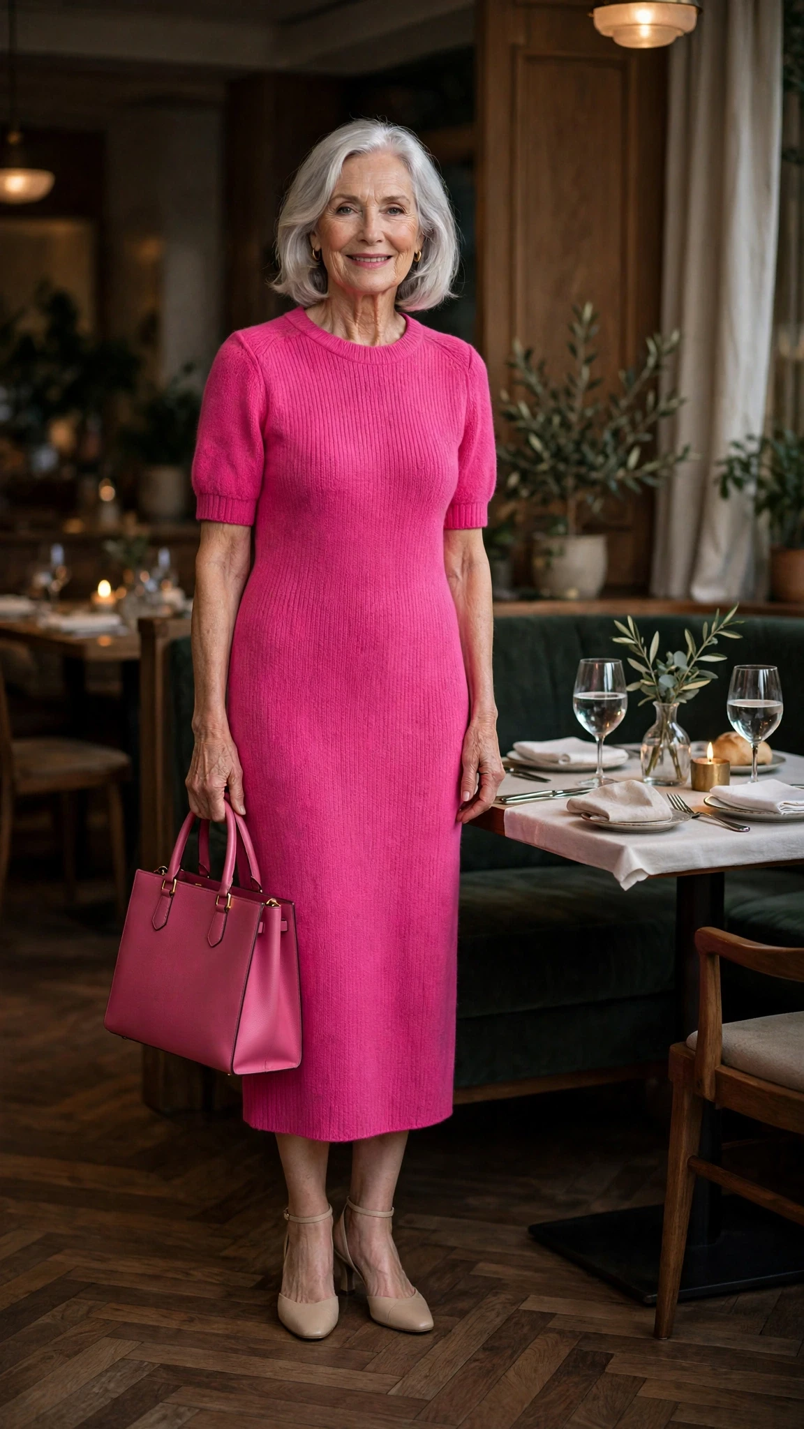 Hot Pink Knit Midi Dress with a structured tote