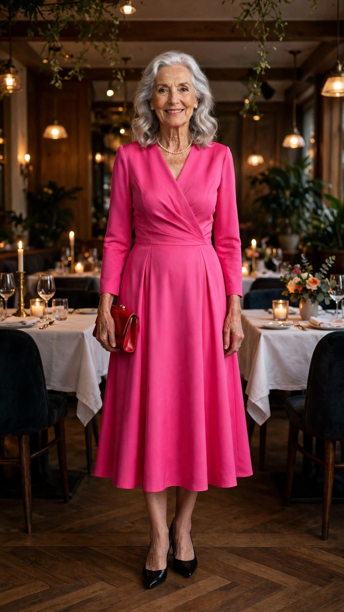 Hot Pink Tea-Length Dress with a red clutch