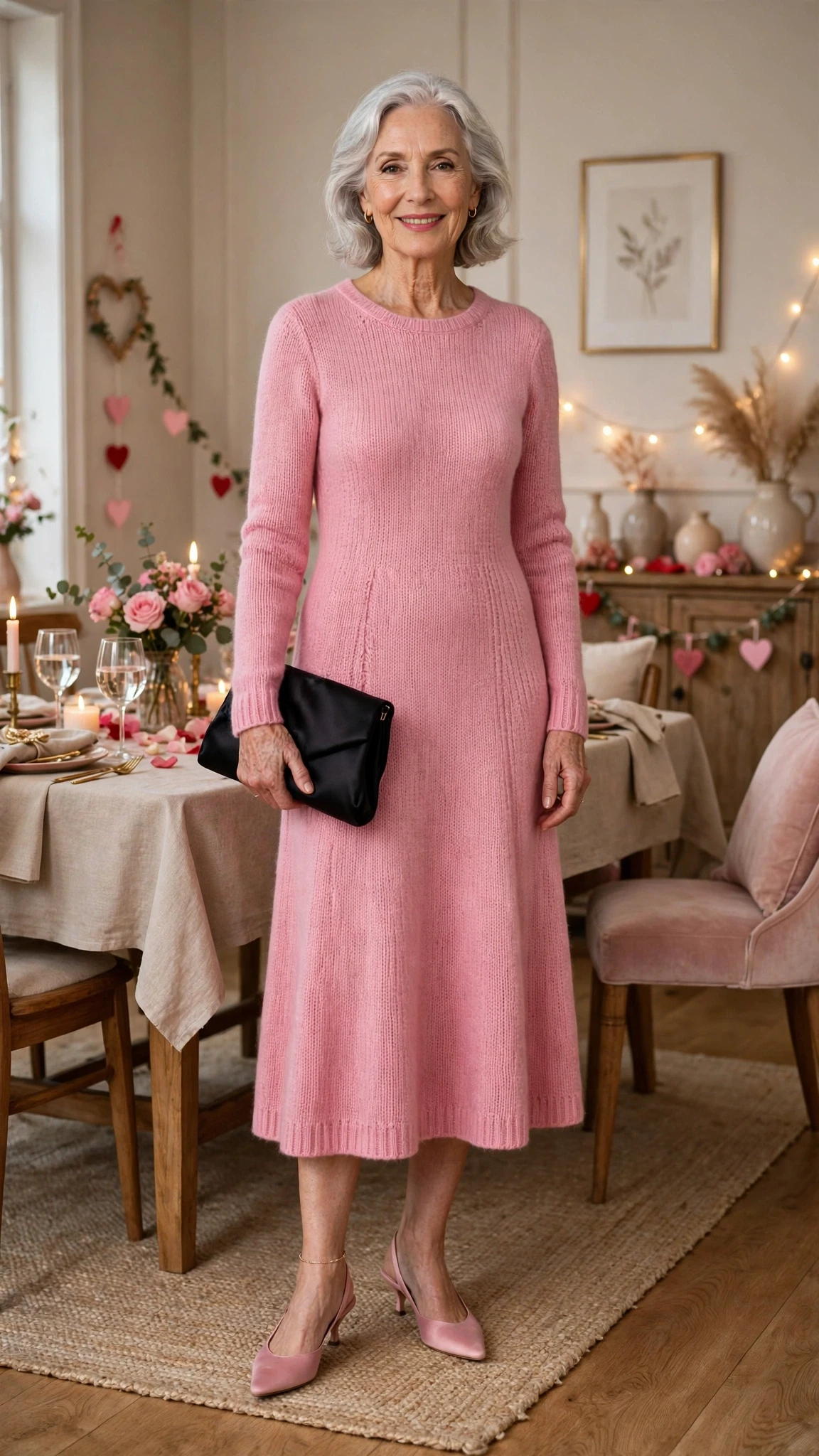 Pink Knit Midi Dress with a black satin clutch