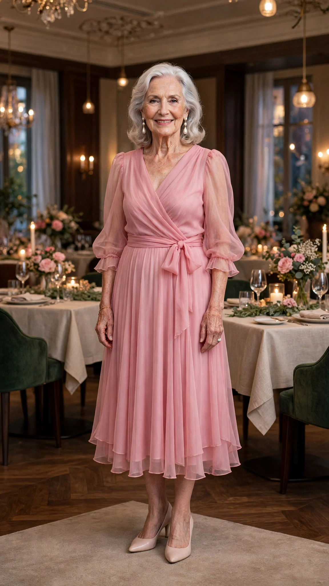 Rose Pink Chiffon Midi Dress with pearl drop earrings