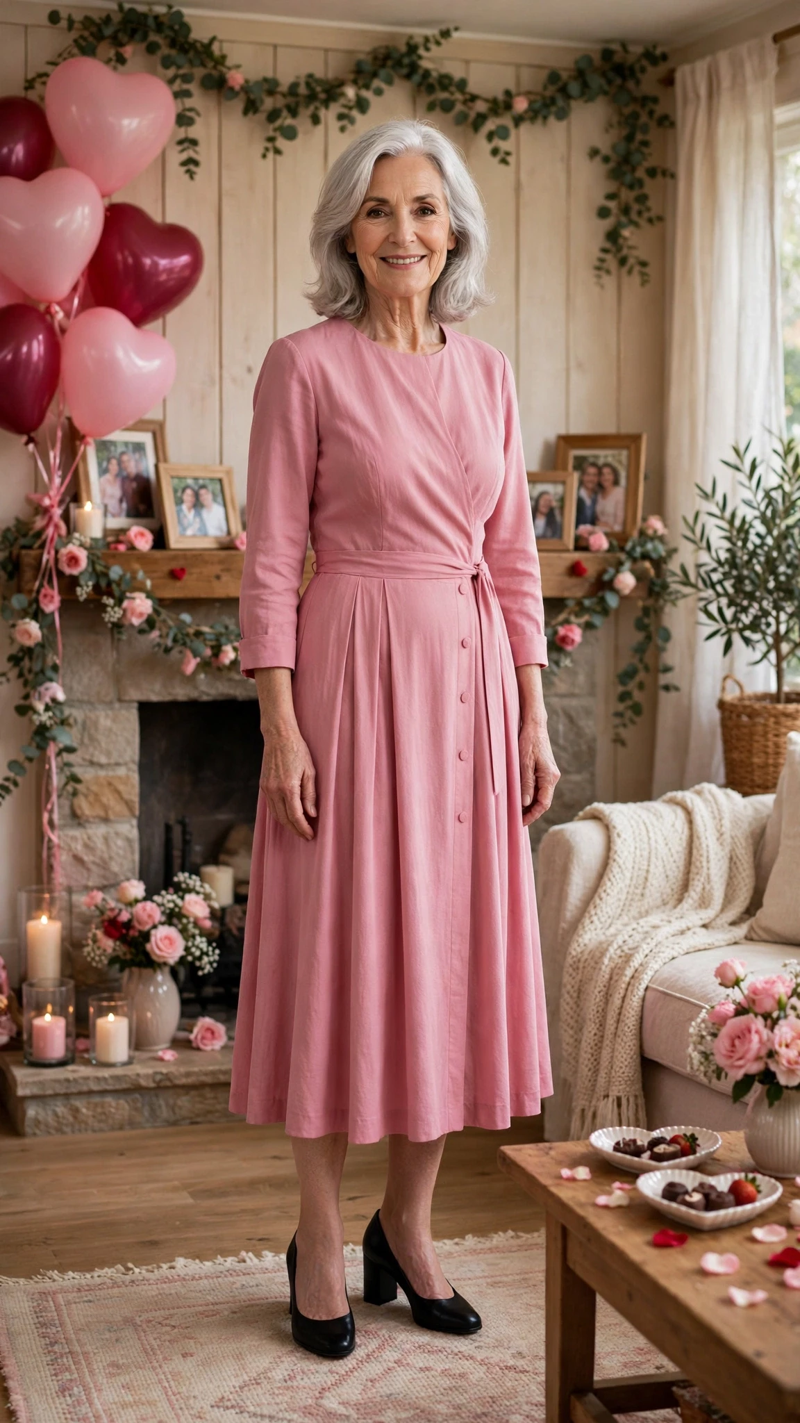 Pink Midi Dress with black block-heel pumps
