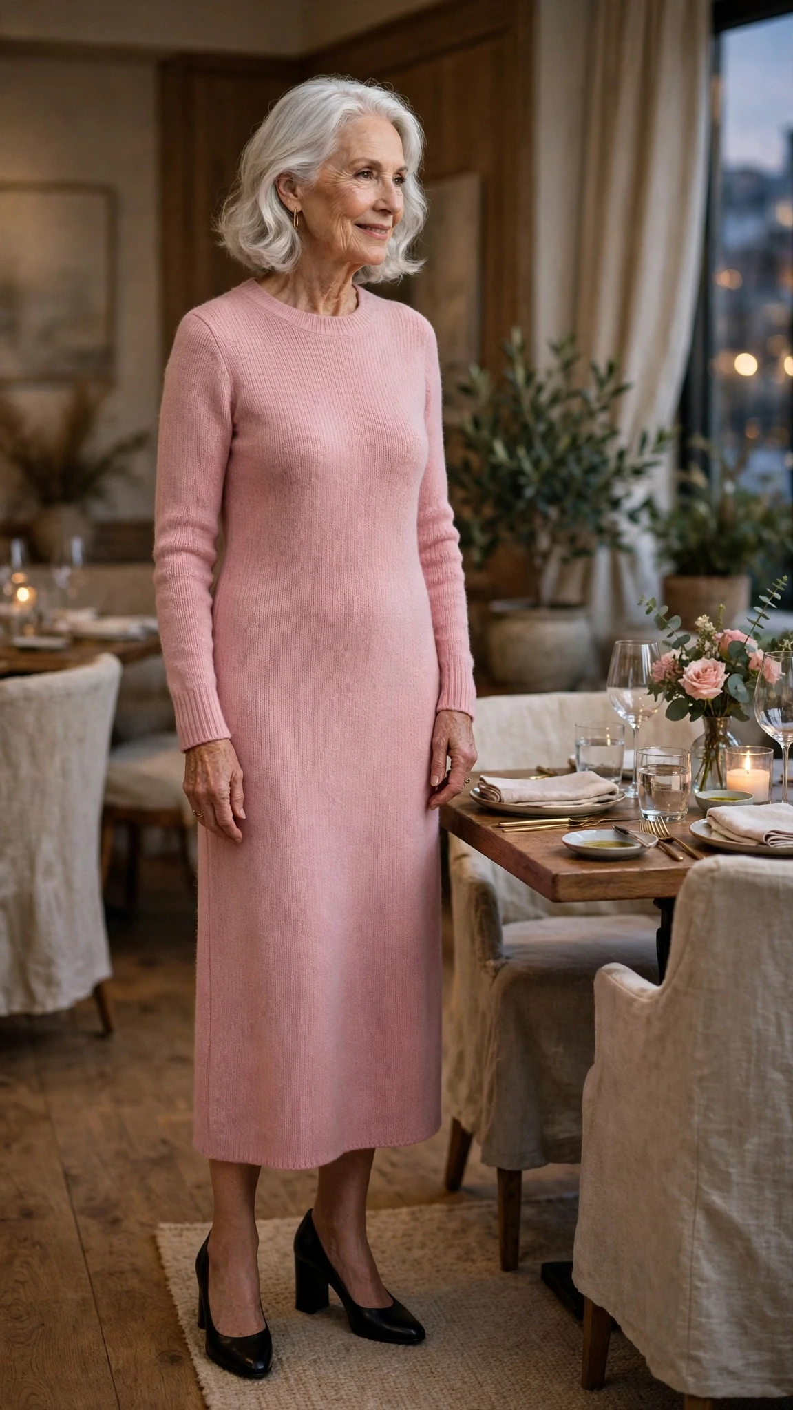 Soft Pink Knit Midi Dress with black block-heel pumps