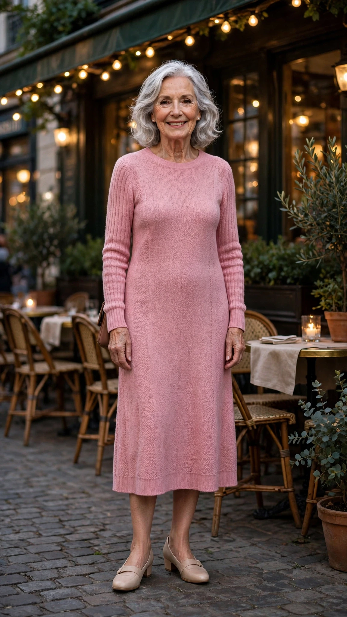 Pink Knit Midi Dress with comfortable low heels
