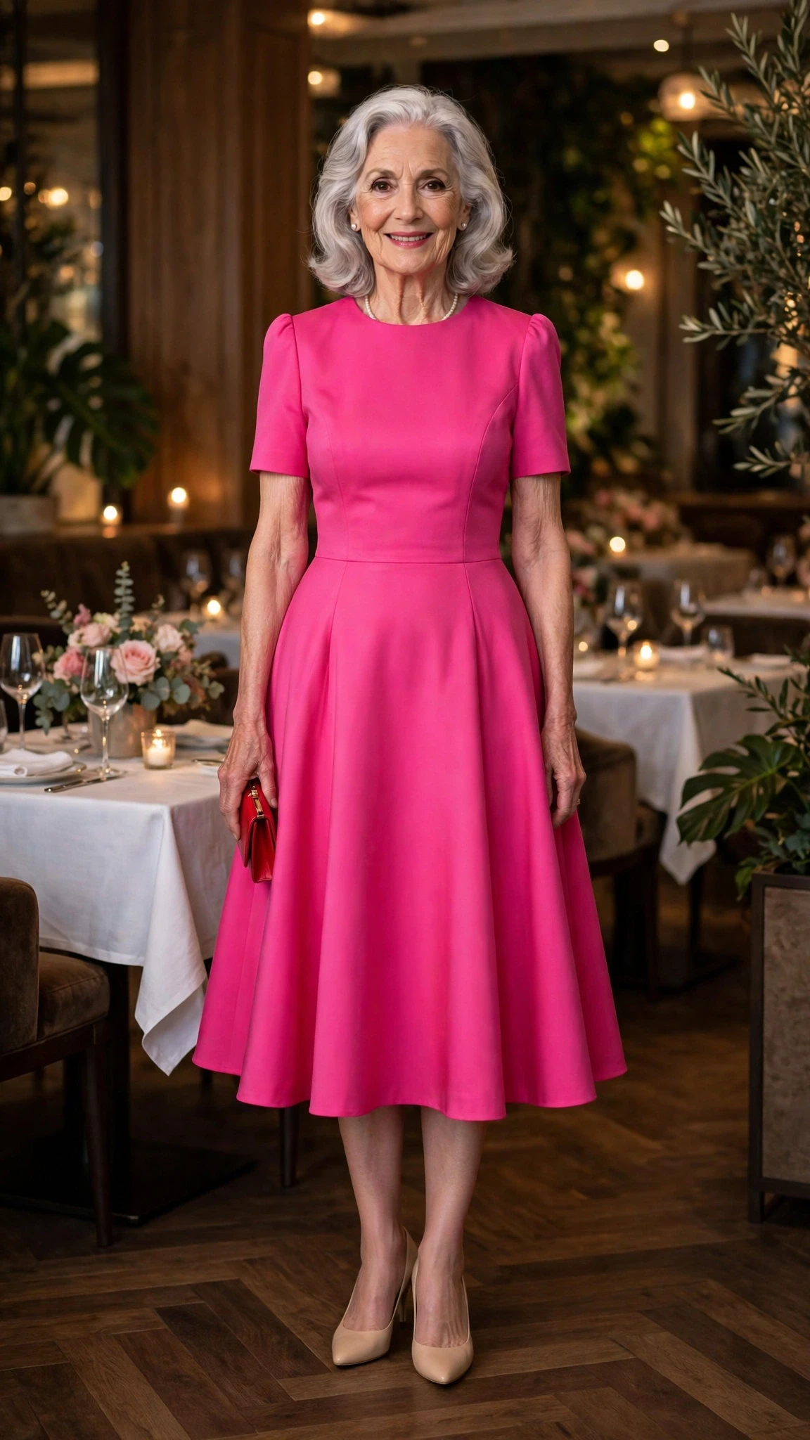Hot Pink Fit-and-Flare Dress with a red clutch