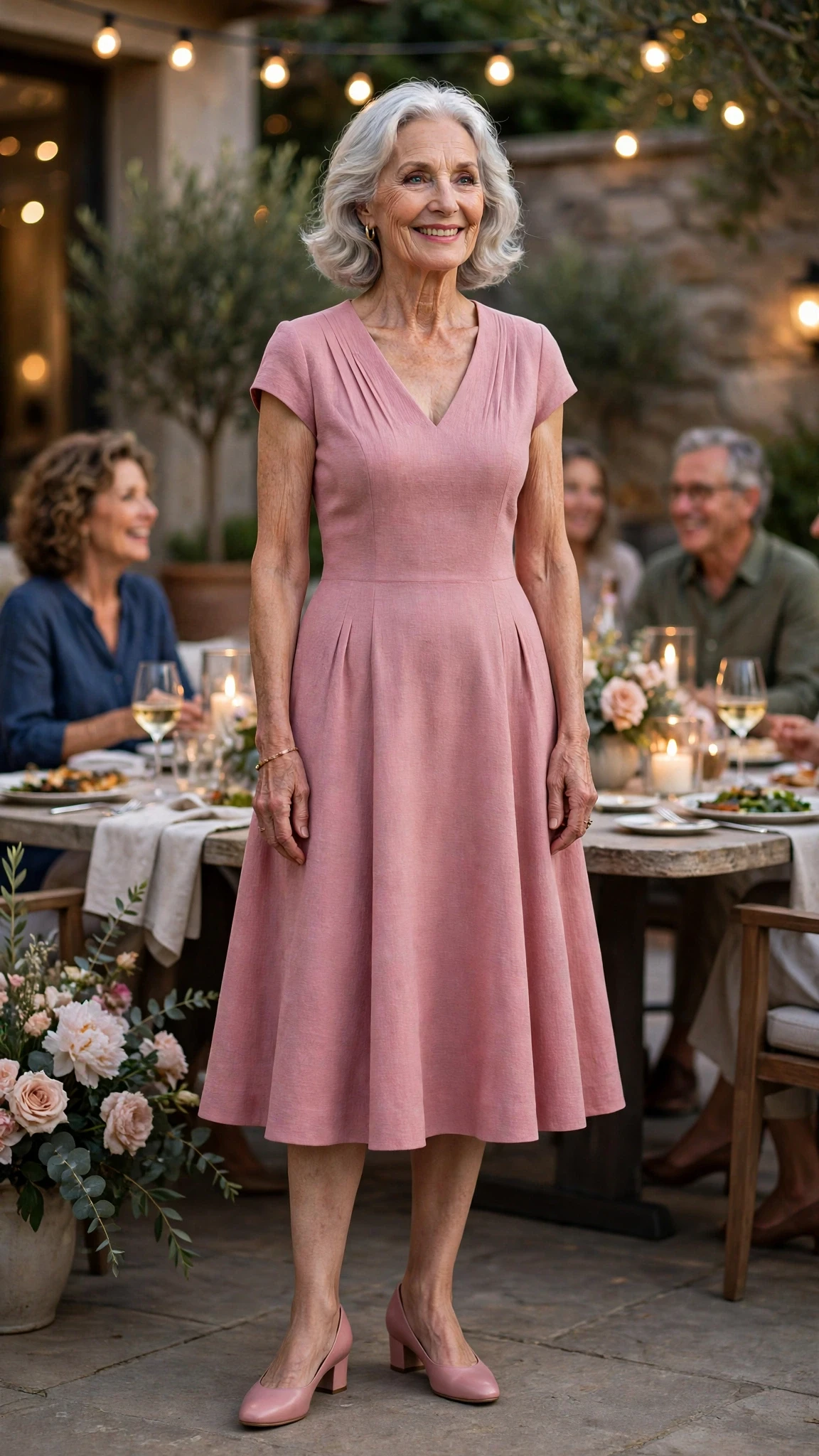 Dusty Pink Fit-and-Flare Dress with comfortable low heels