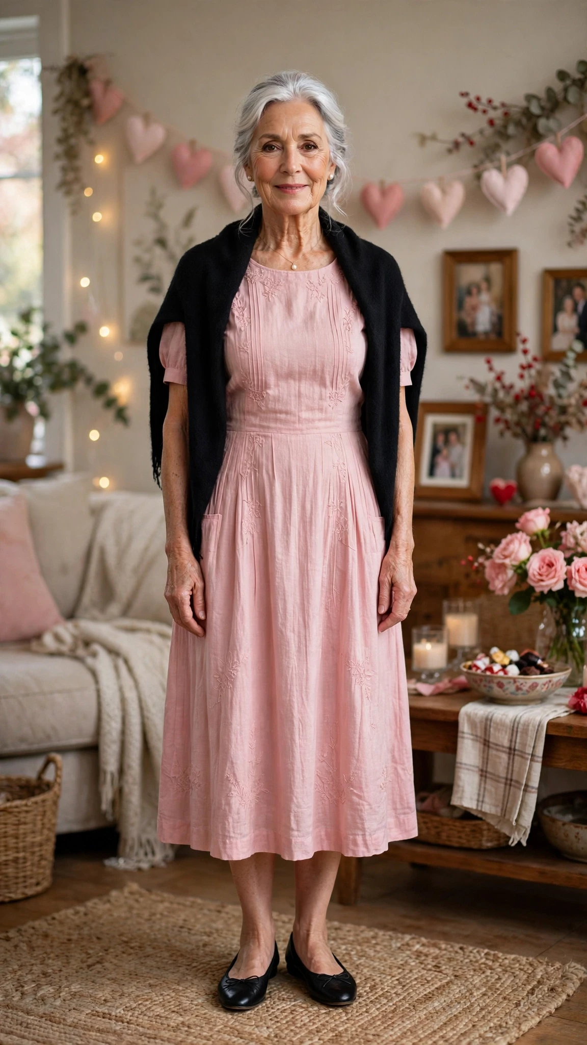 Soft Pink Midi Dress with a soft black shawl