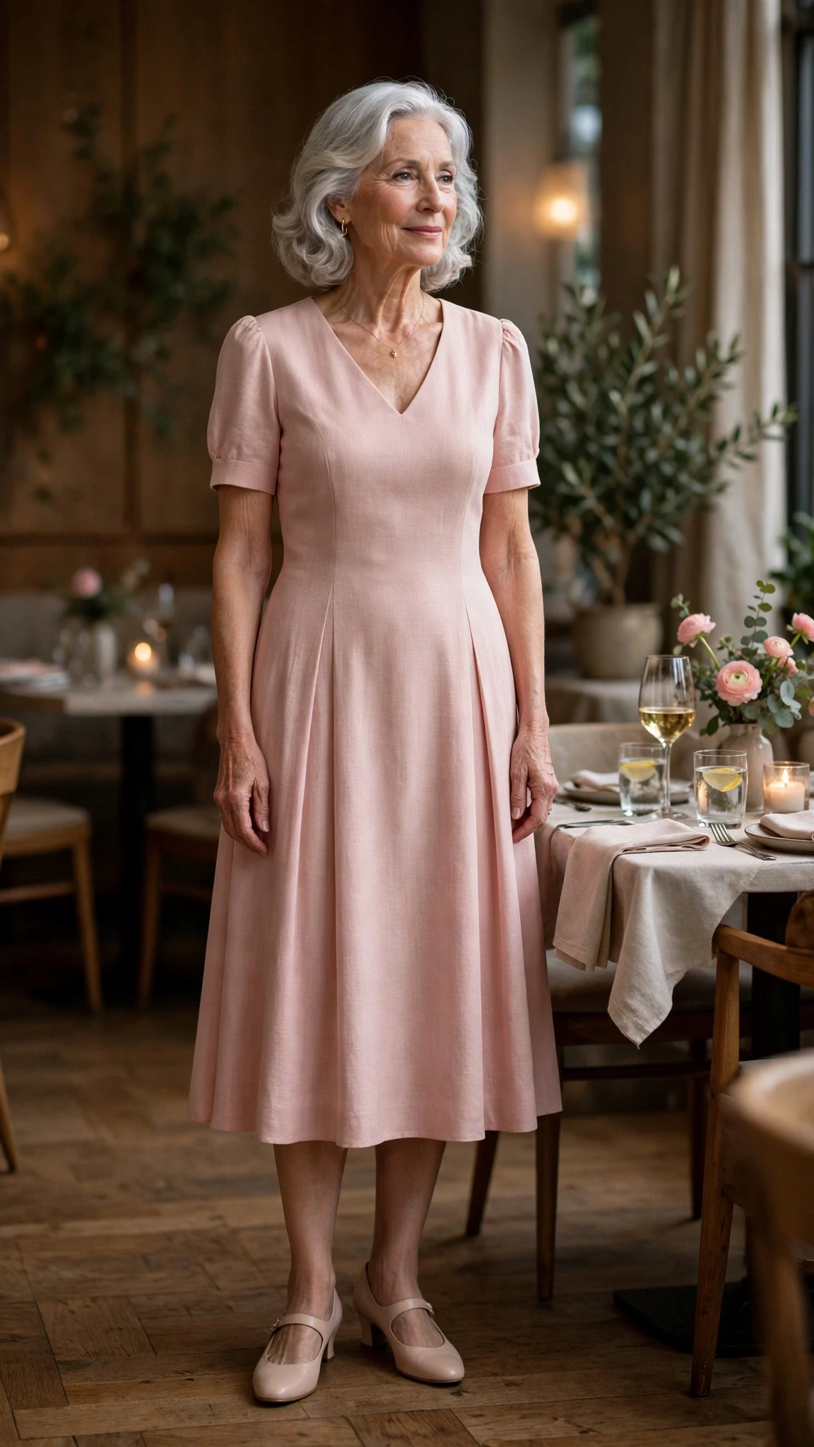 Blush Pink Tea-Length Dress with comfortable low heels