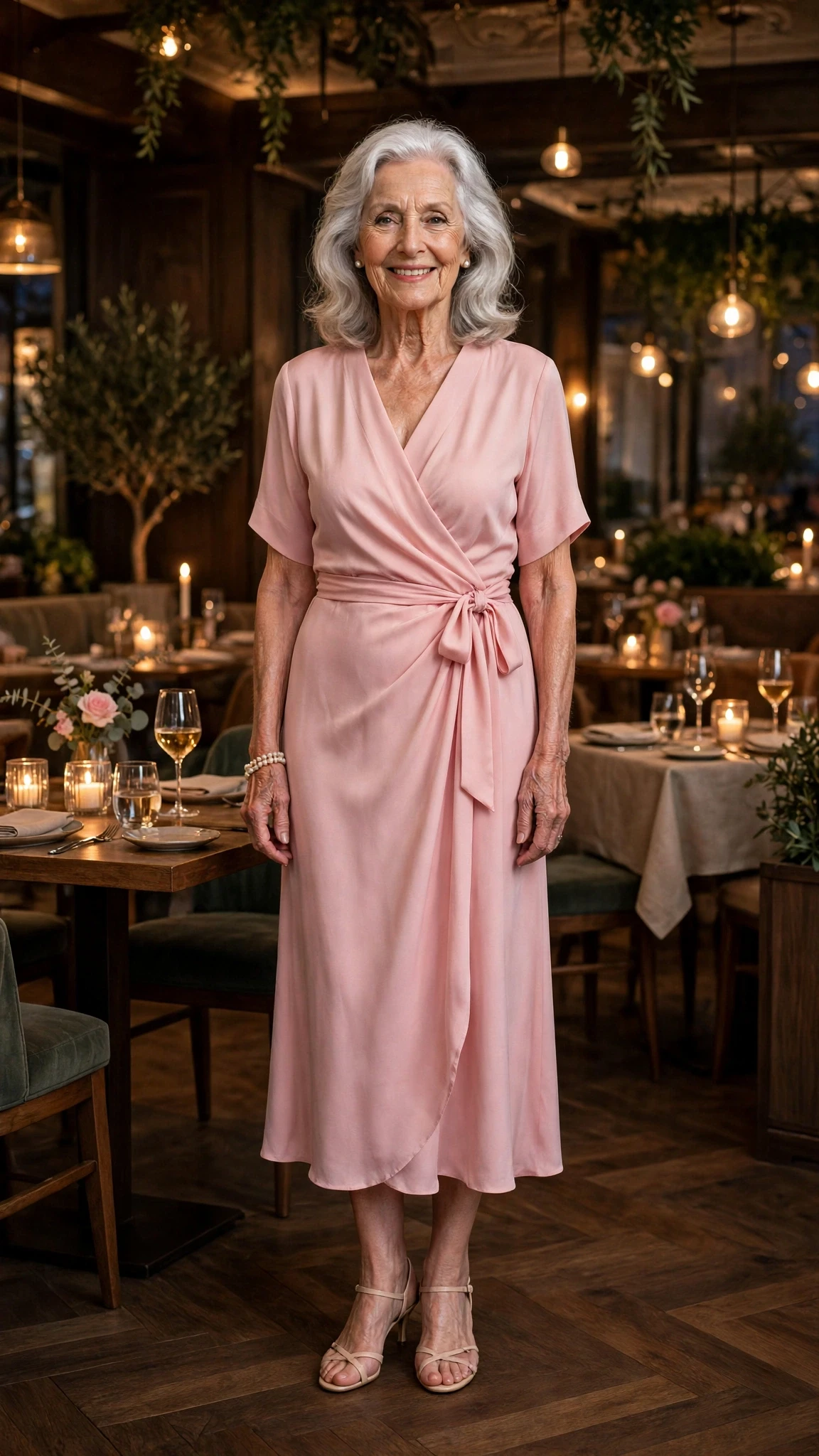 Pink Wrap Dress with a pearl bracelet