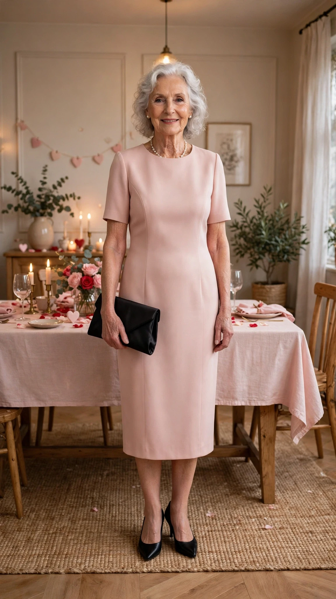 Blush Pink Sheath Dress with a black satin clutch