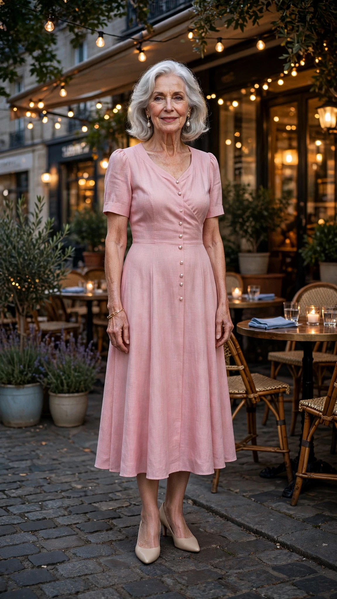 Pink Midi Dress with pearl drop earrings