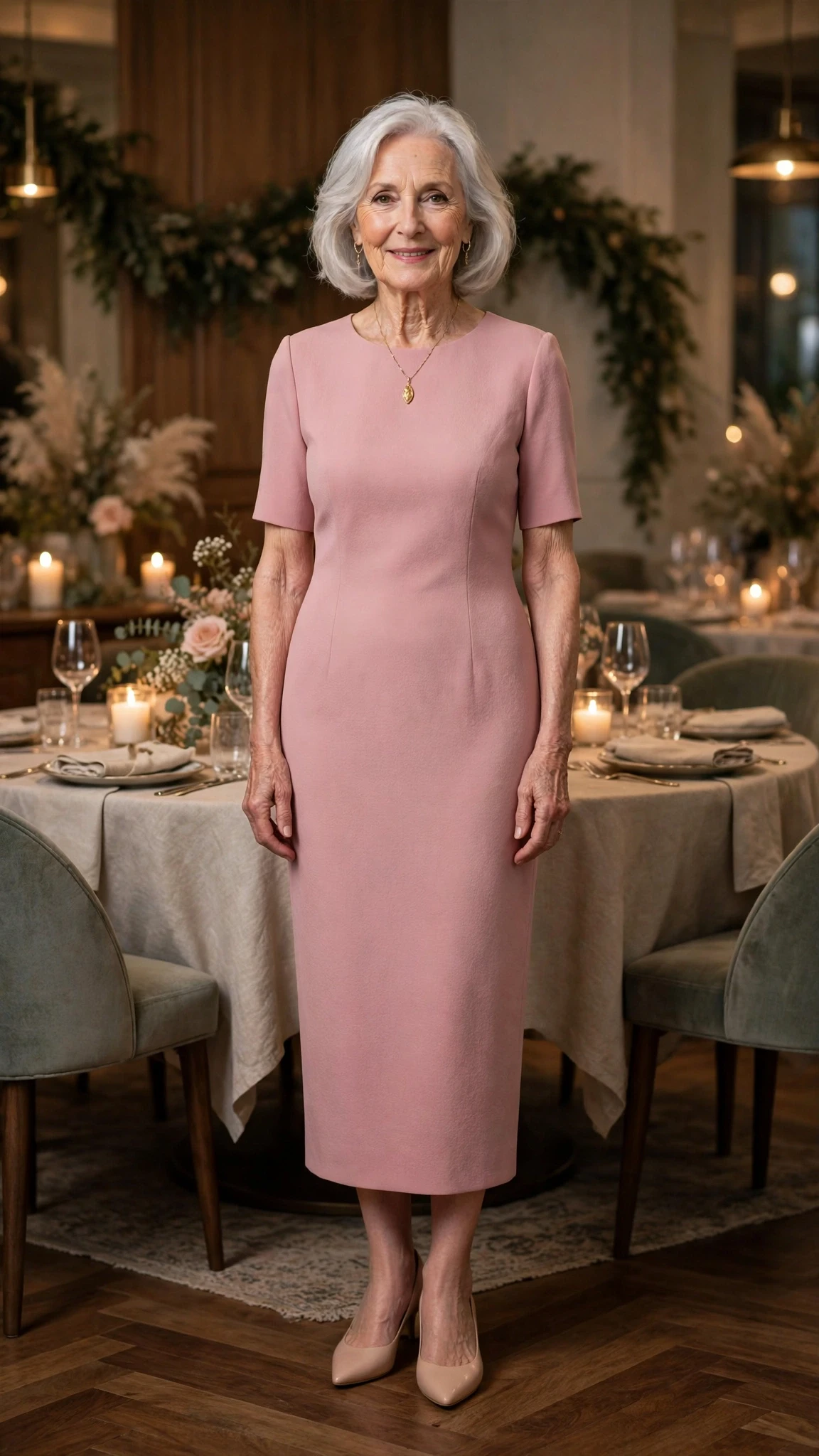 Dusty Pink Sheath Dress with a gold pendant necklace