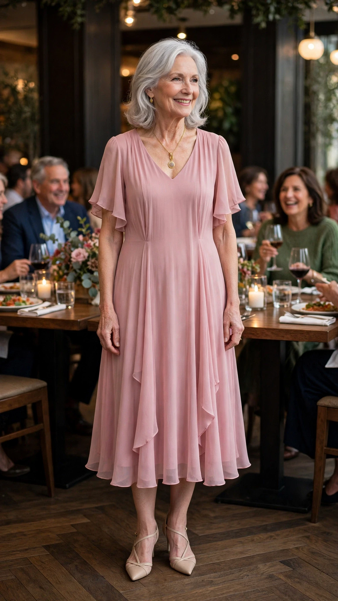 Dusty Pink Chiffon Midi Dress with a gold pendant necklace