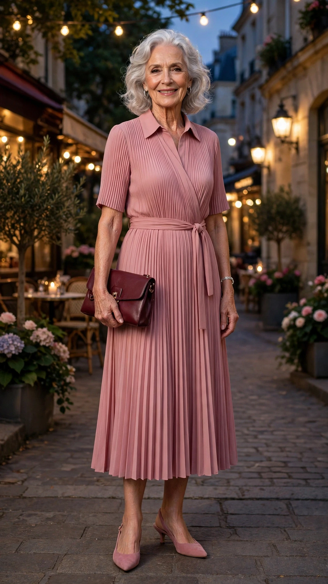 Dusty Pink Pleated Midi Dress with a burgundy clutch
