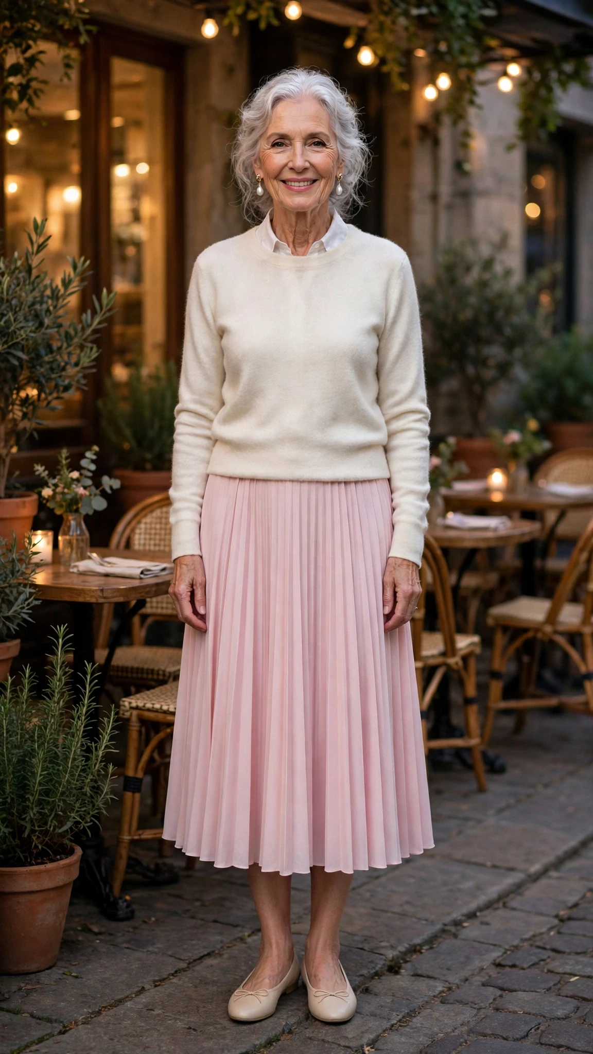 Soft Pink Midi Skirt with pearl drop earrings