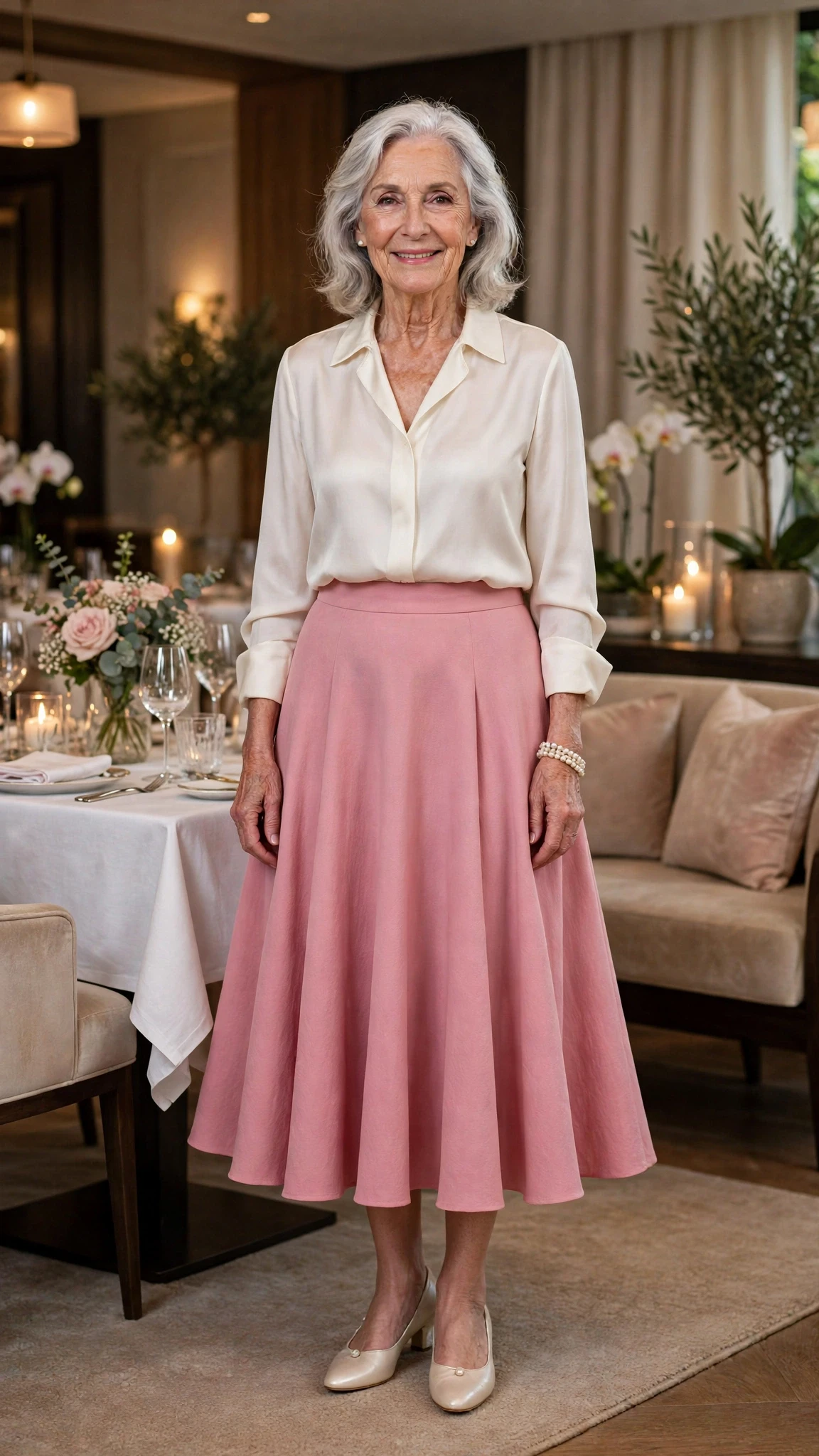Rose Pink Flared Skirt with a pearl bracelet