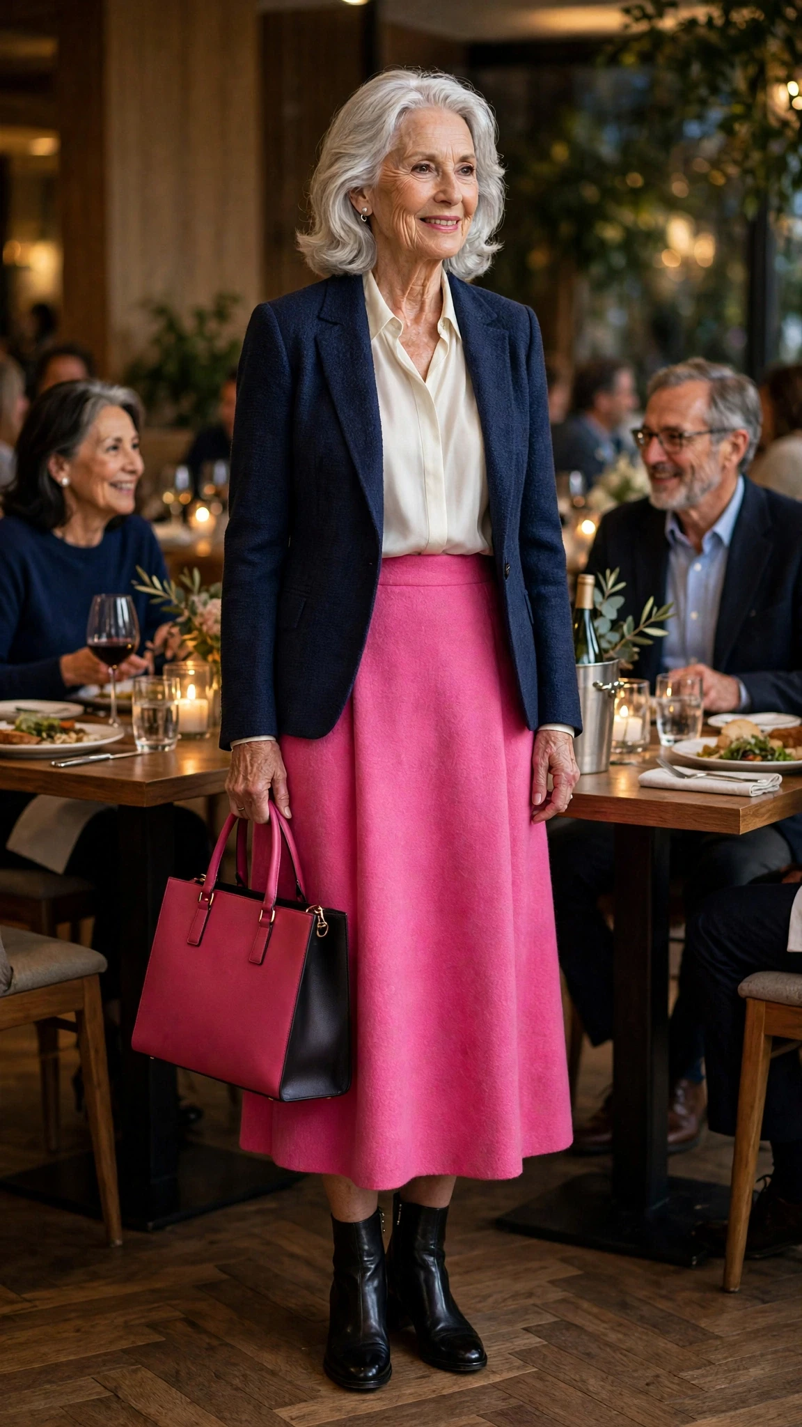 Bright Pink Wool Midi Skirt with a structured tote