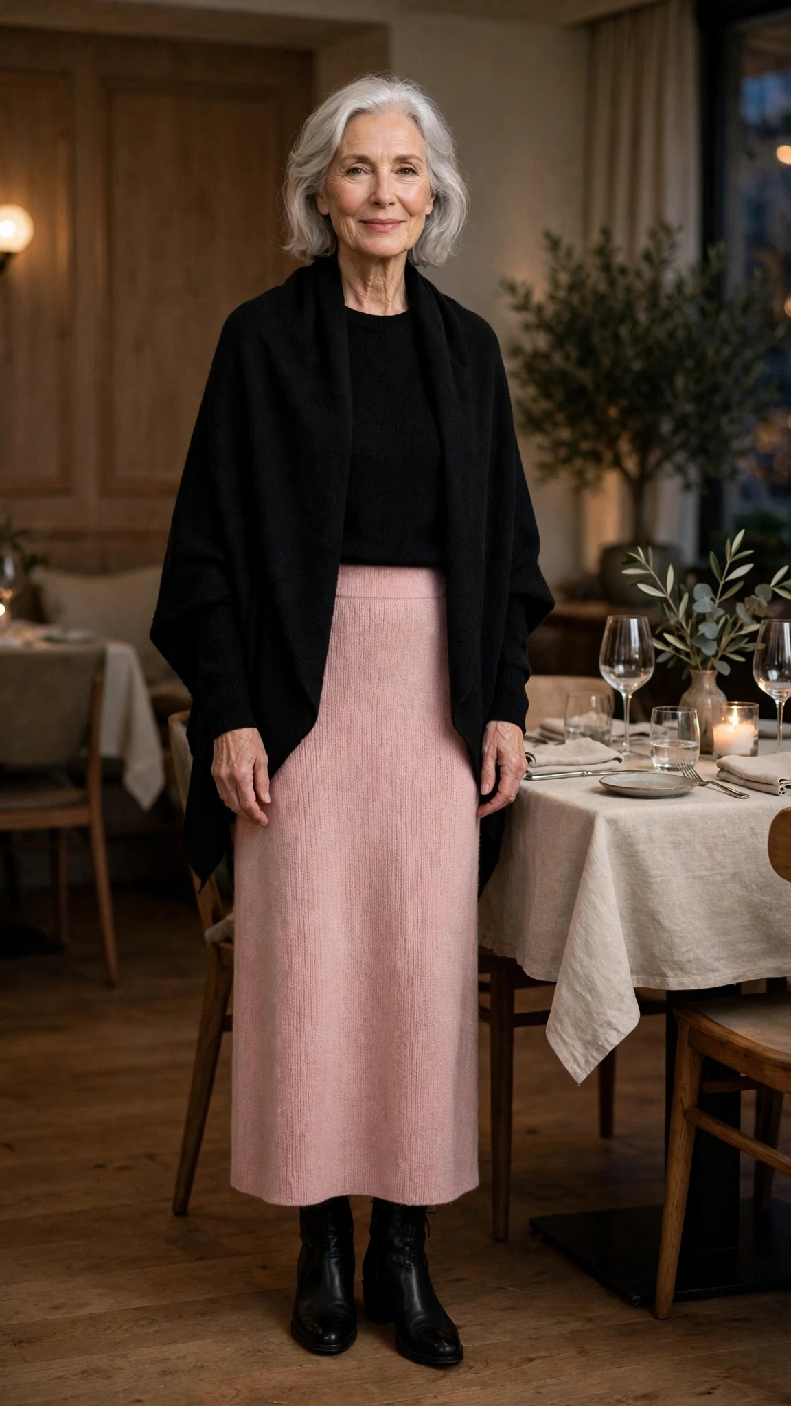 Pink Knit Skirt with a soft black shawl