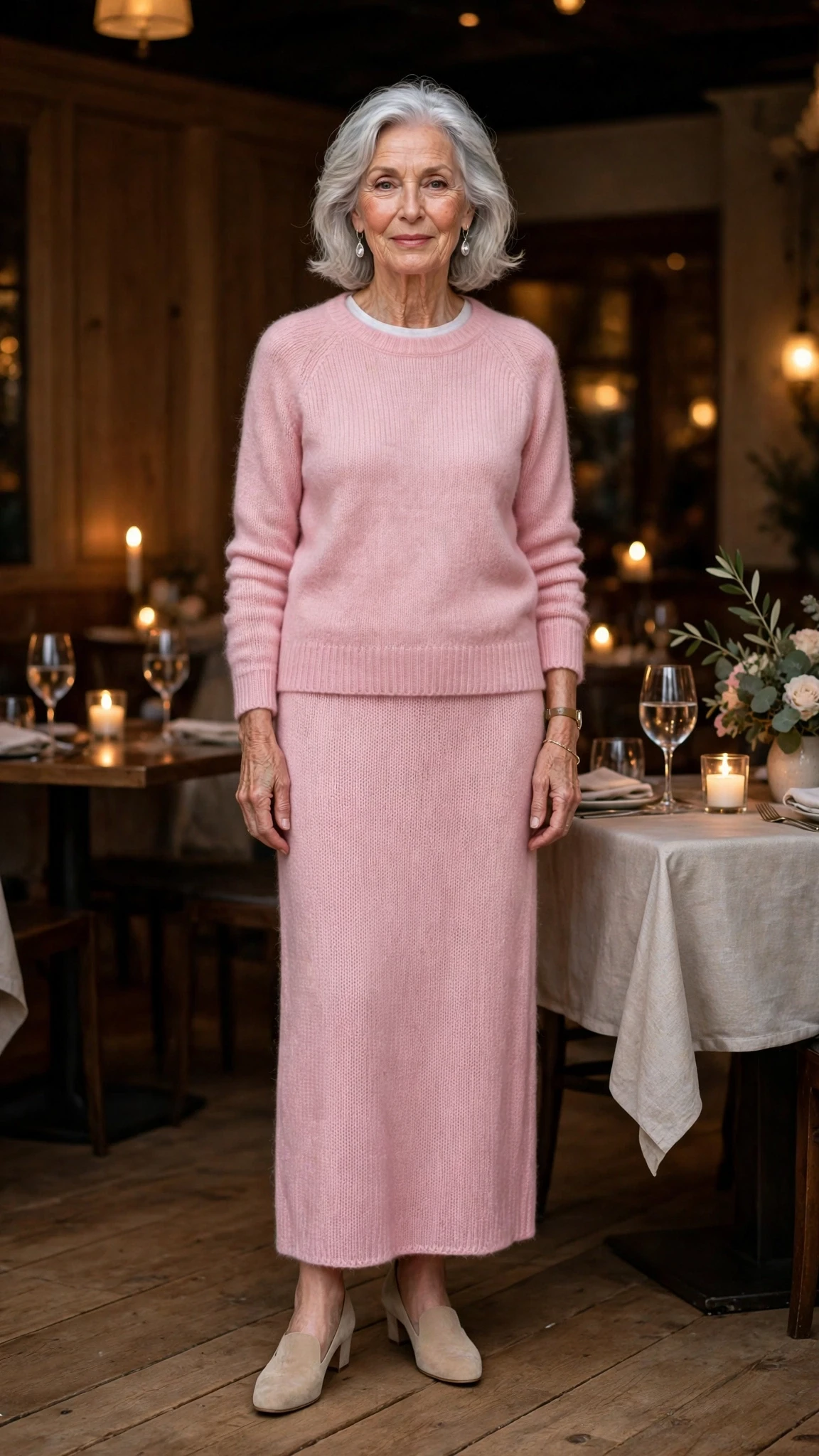 Soft Pink Knit Skirt with silver drop earrings
