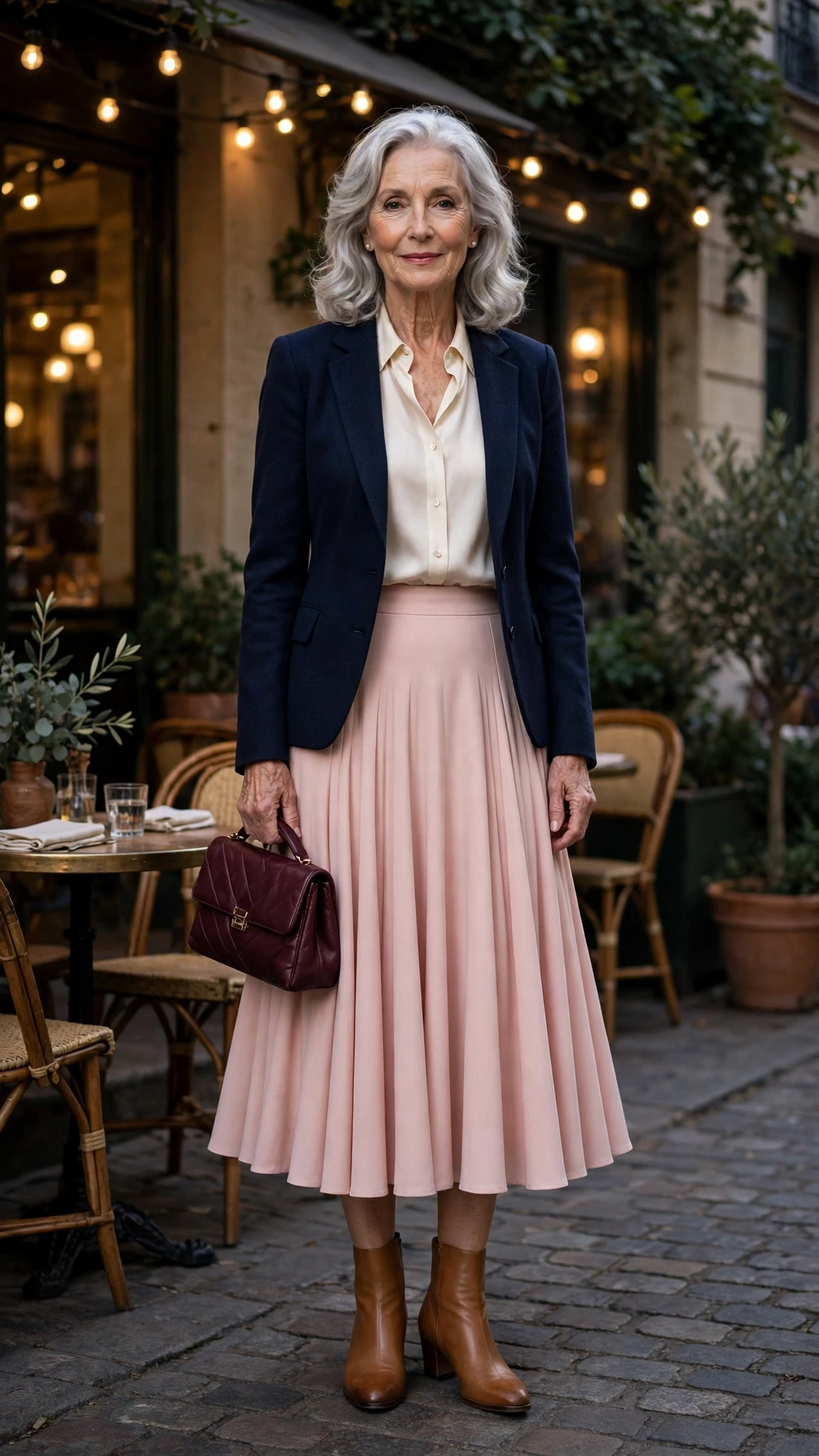 Blush Pink Flared Skirt with a burgundy clutch
