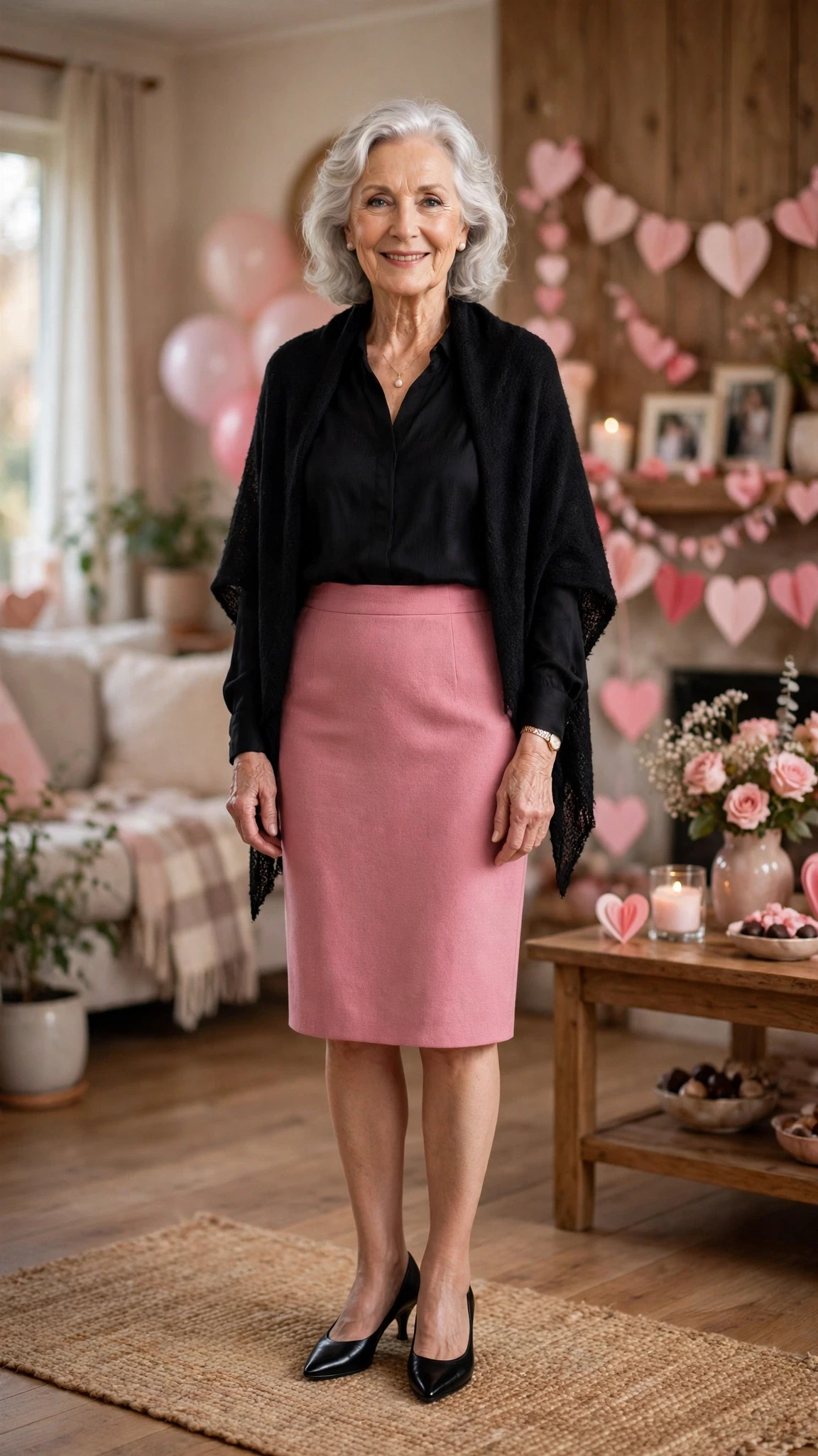 Rose Pink Pencil Skirt with a soft black shawl