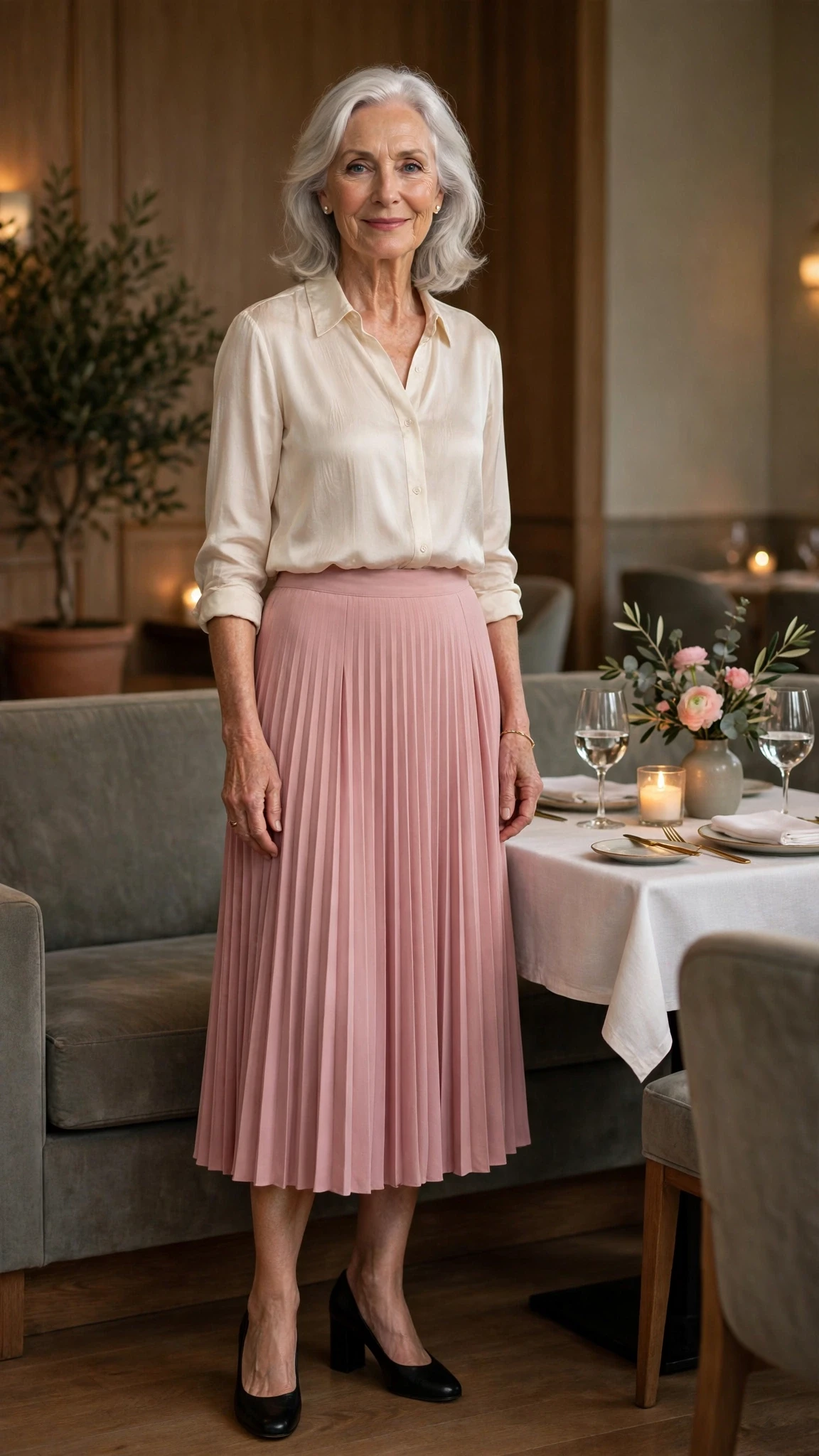 Dusty Pink Pleated Midi Skirt with black block-heel pumps