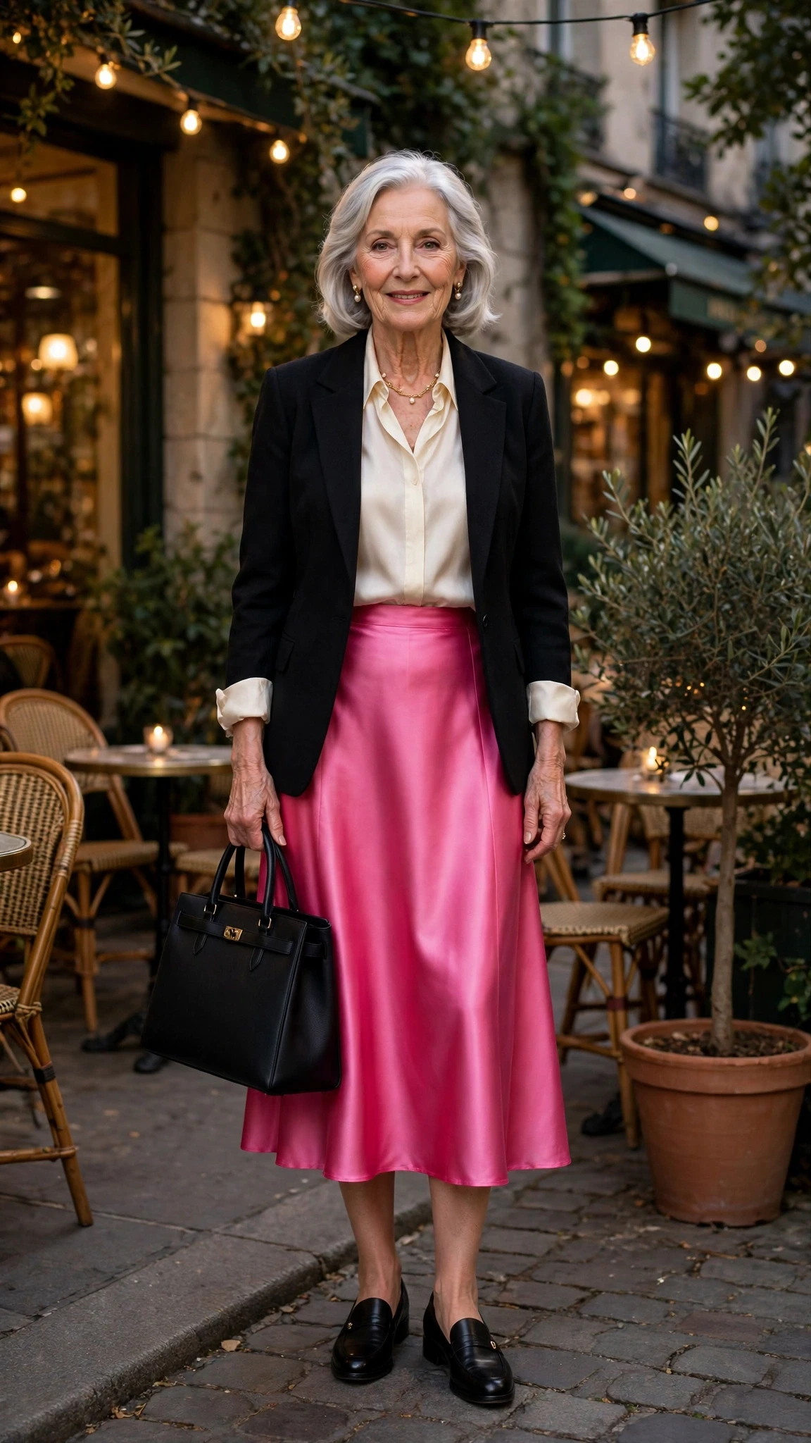 Bright Pink Satin Midi Skirt with a structured tote