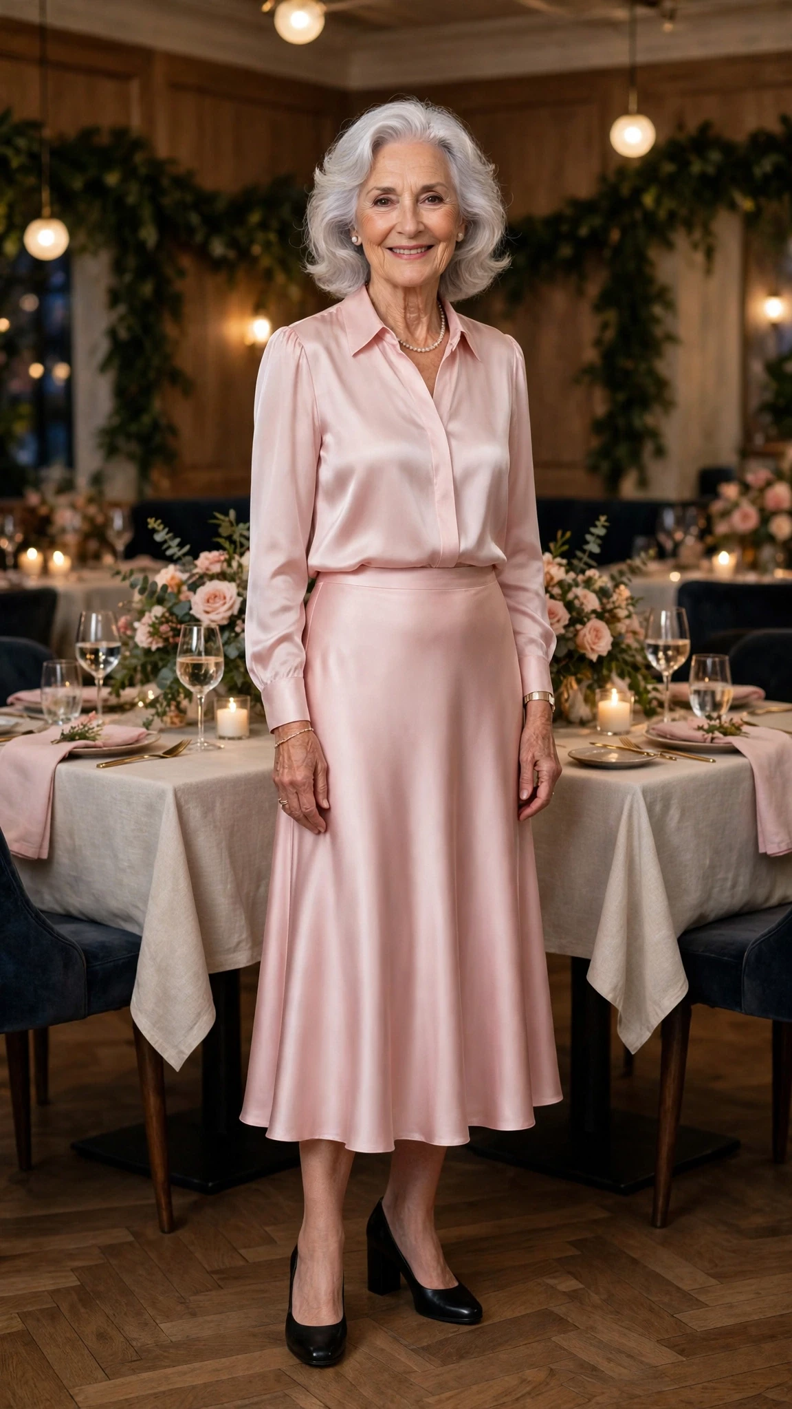 Pink Satin Midi Skirt with black block-heel pumps