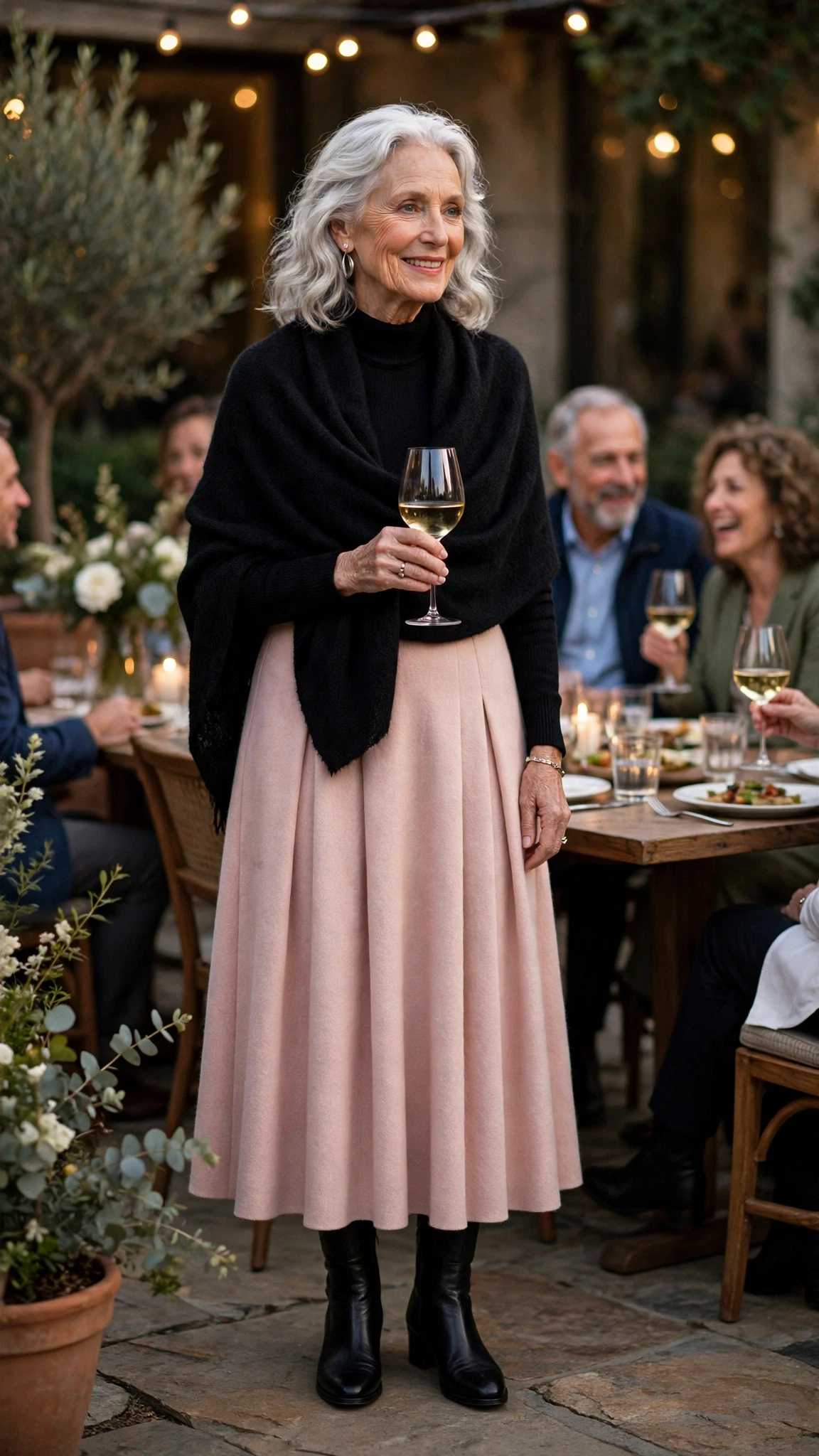 Blush Pink Wool Midi Skirt with a soft black shawl