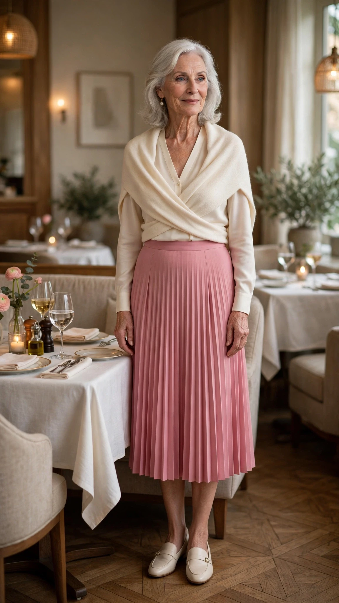 Rose Pink Midi Skirt with a cream wrap