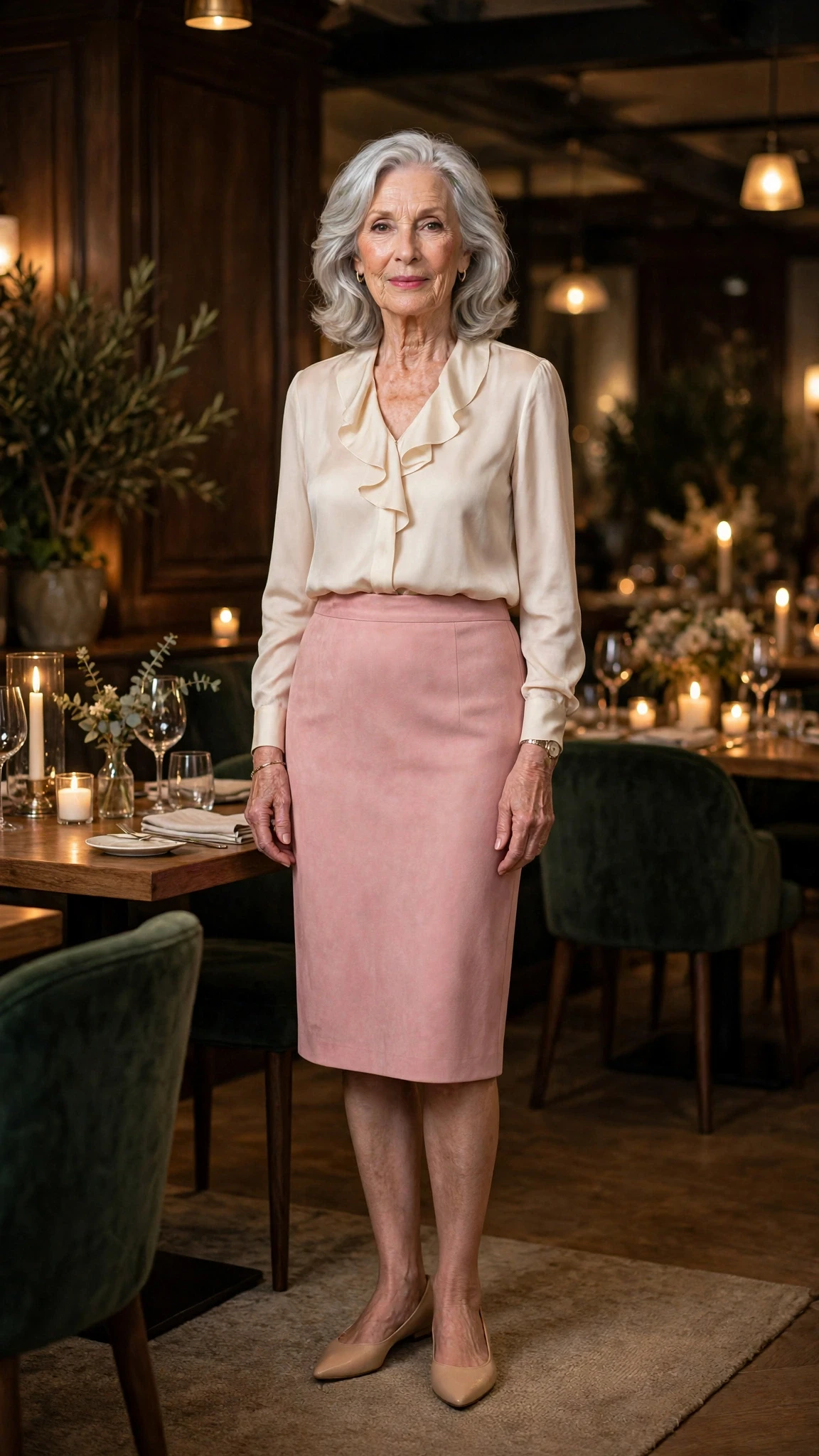 Soft Pink Pencil Skirt with nude pointed flats