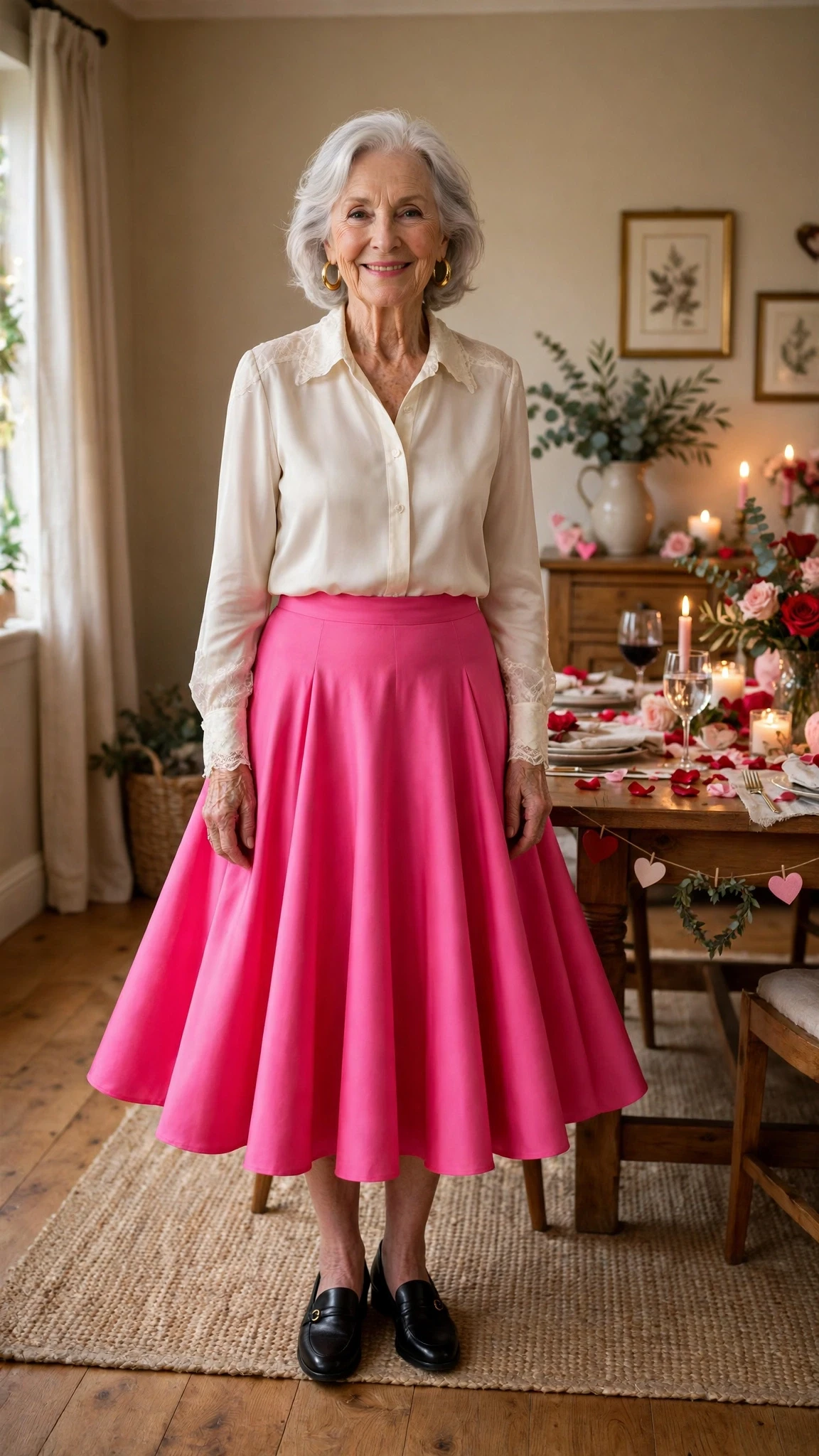 Bright Pink Flared Skirt with gold hoop earrings