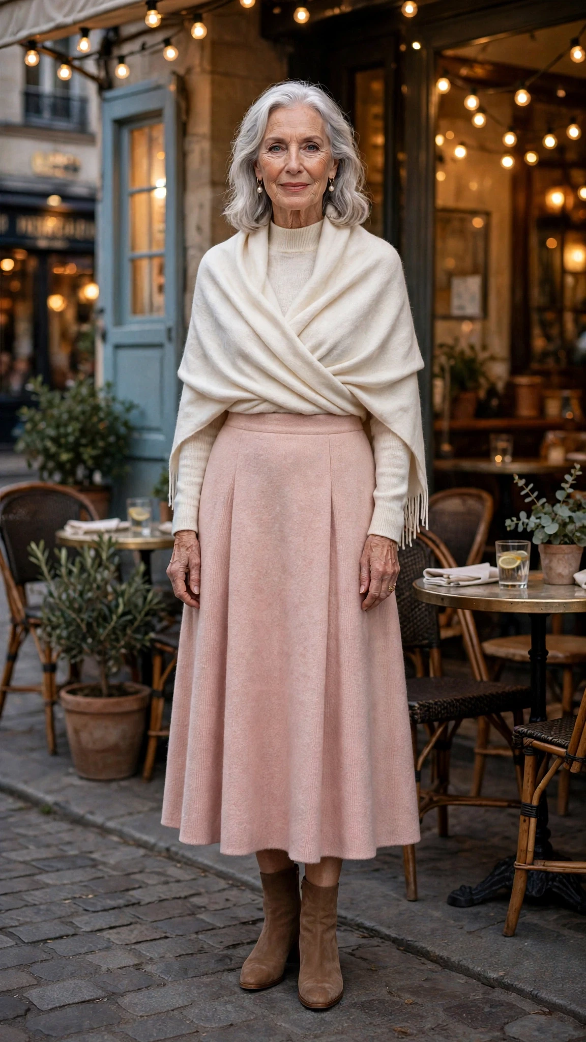 Blush Pink Wool Midi Skirt with a cream wrap