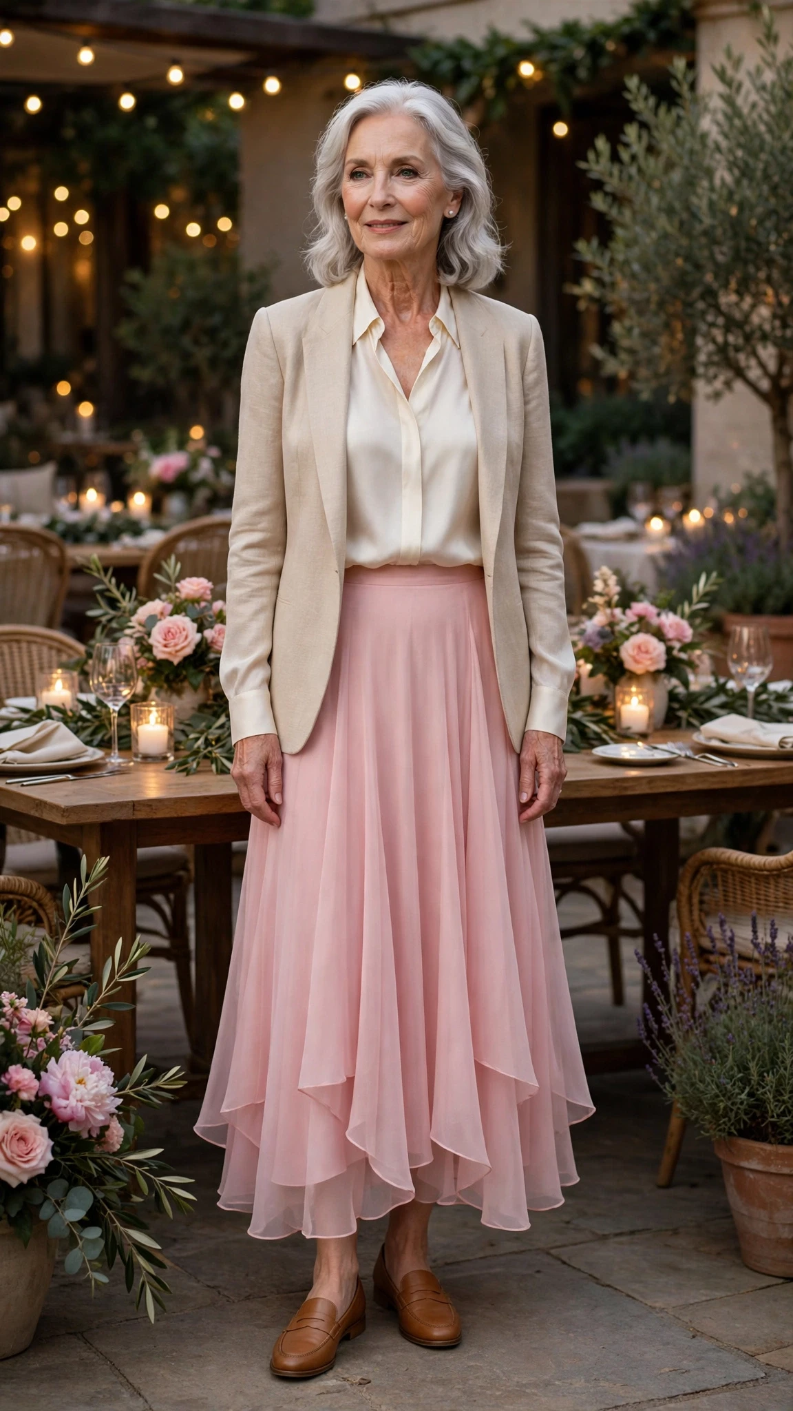 Soft Pink Chiffon Skirt with tan leather loafers