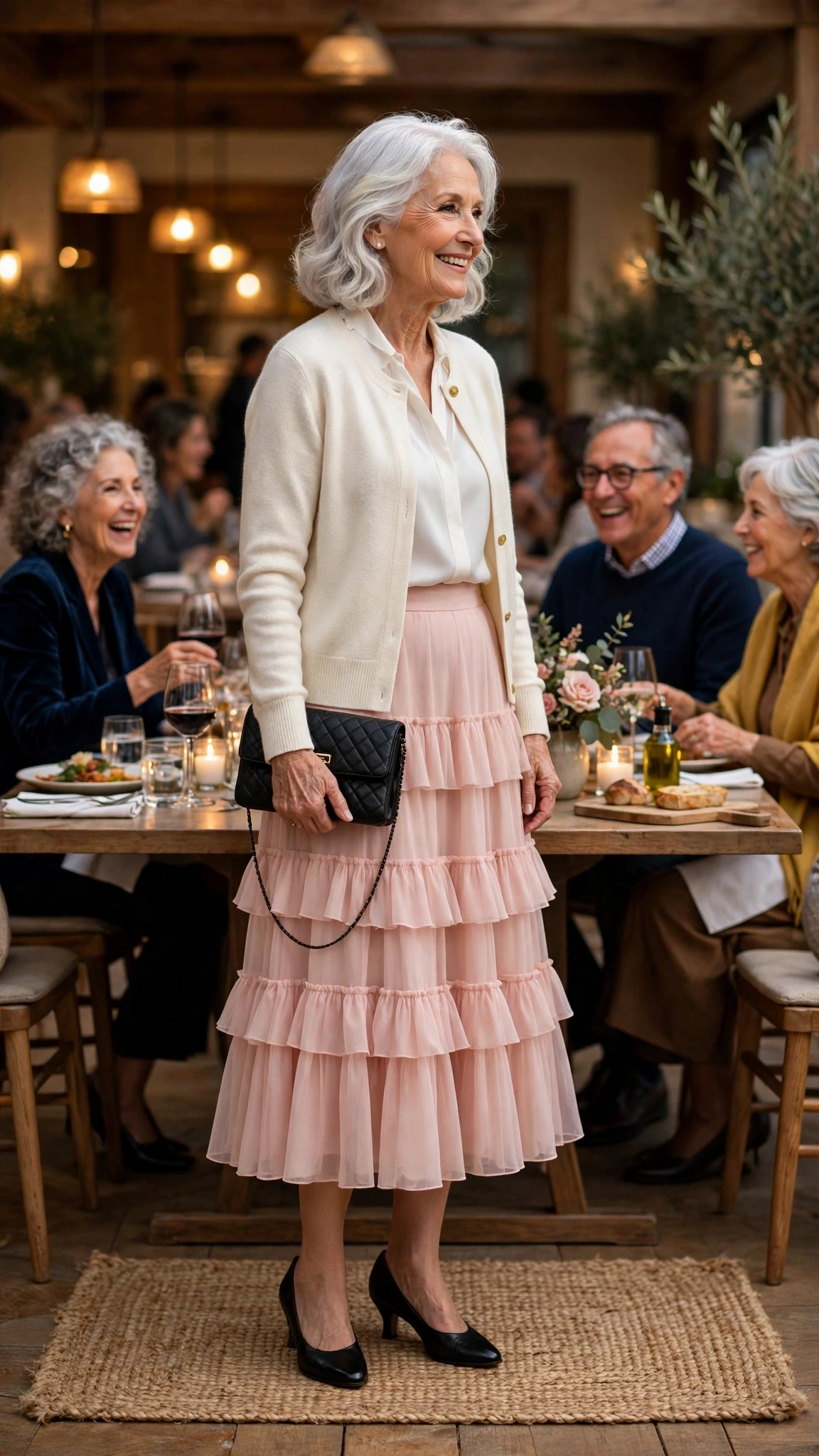 Blush Pink Tiered Skirt with a small black clutch
