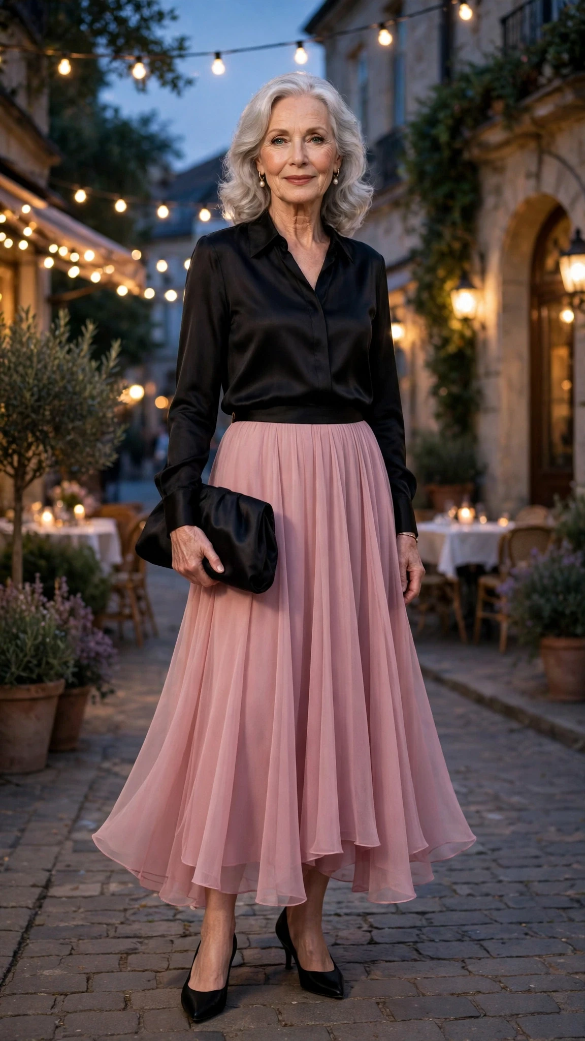 Dusty Pink Chiffon Skirt with a black satin clutch