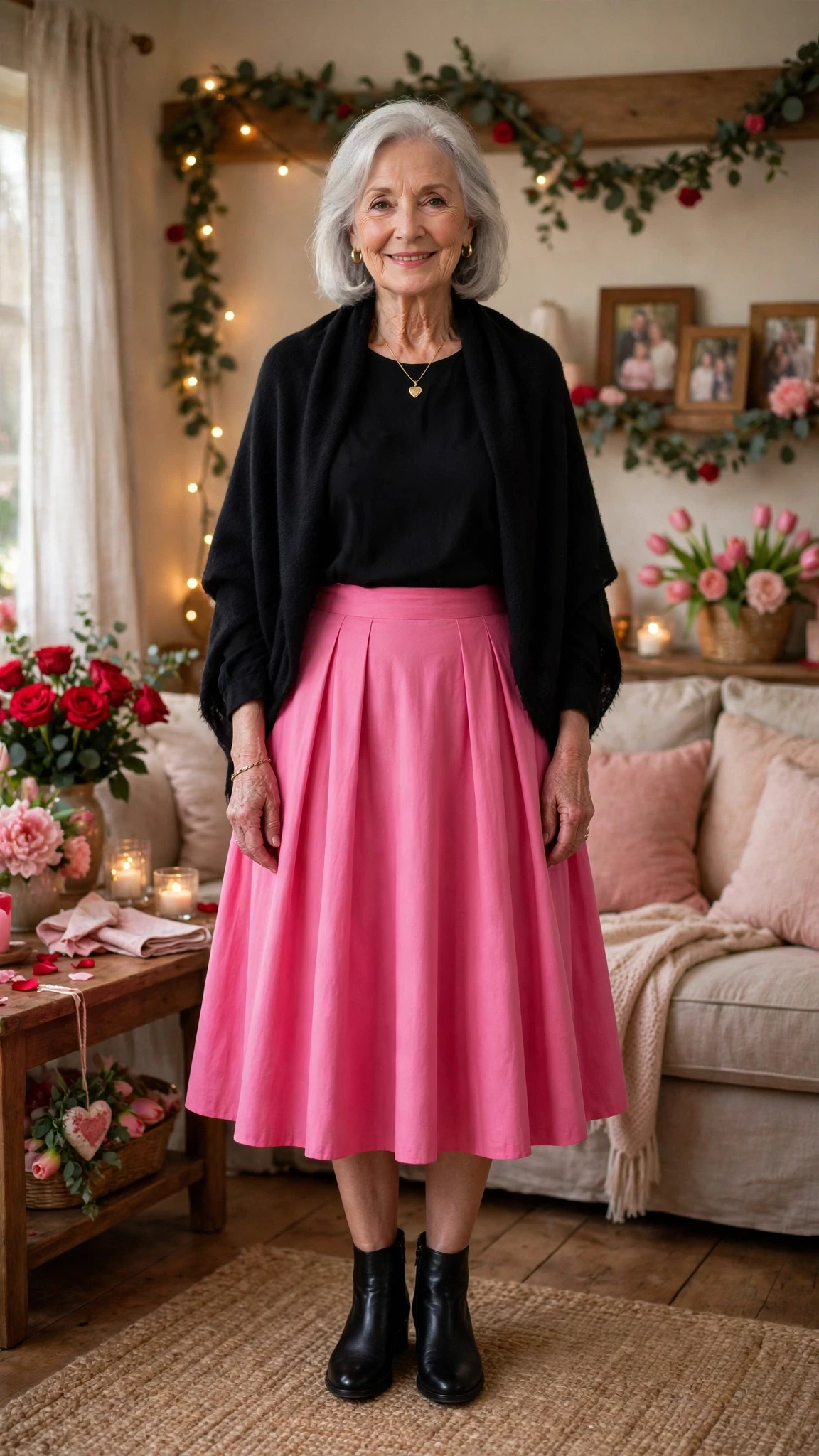 Bright Pink A-Line Skirt with a soft black shawl