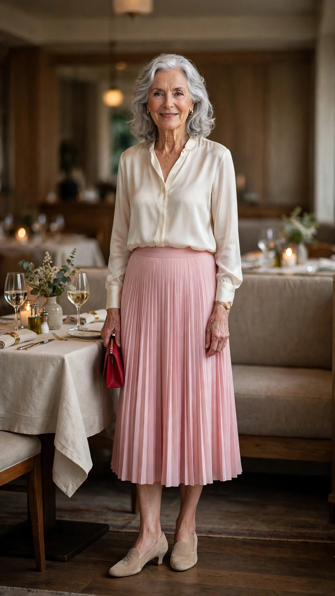 Soft Pink Pleated Midi Skirt with a red clutch