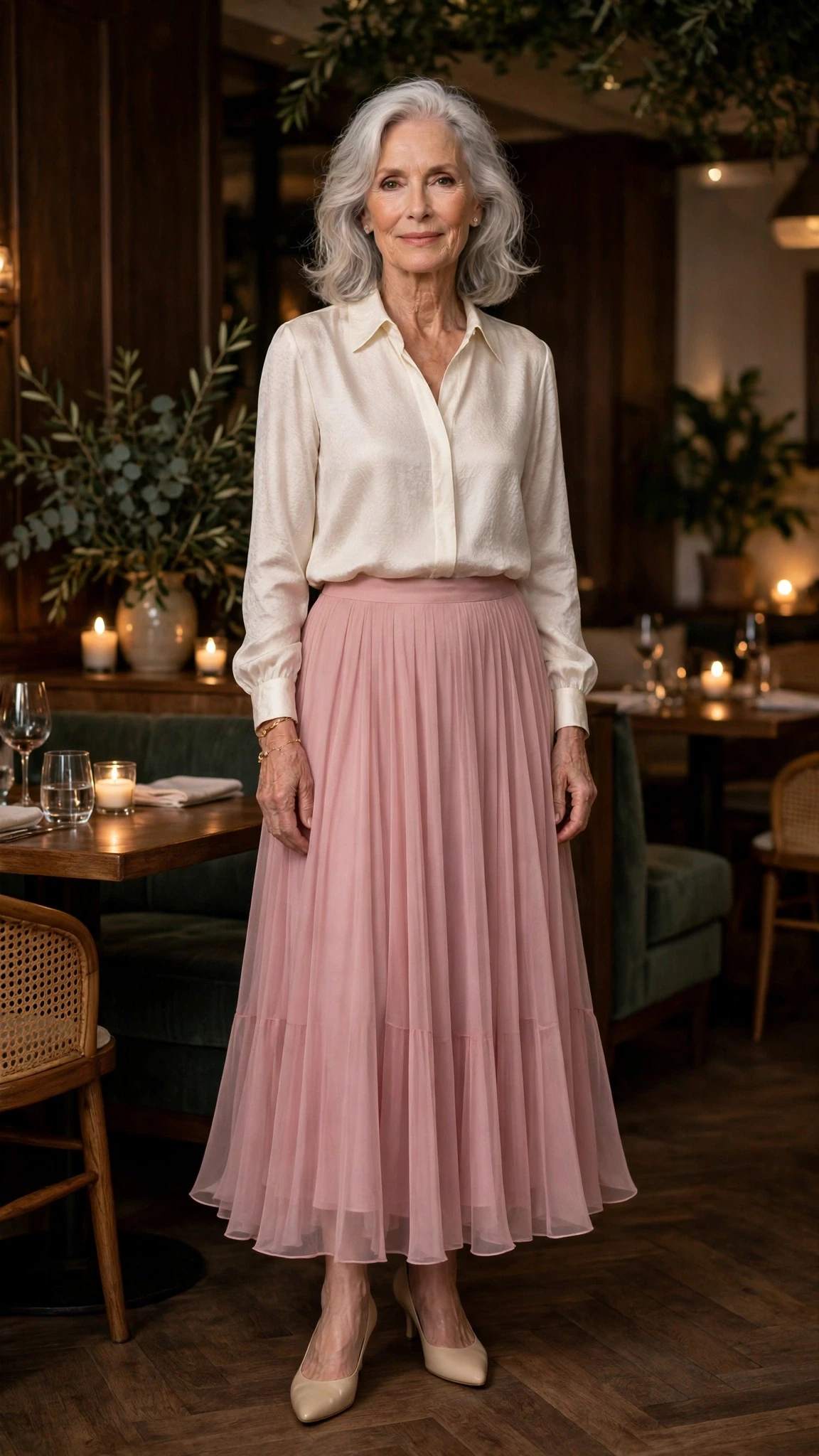 Dusty Pink Chiffon Skirt with a delicate gold bracelet