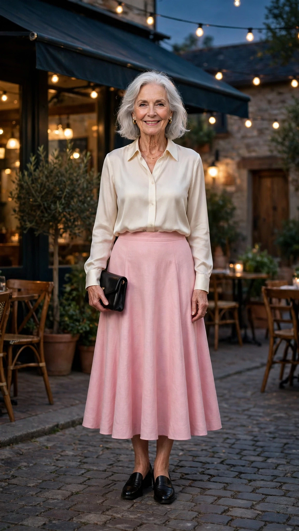 Pink A-Line Skirt with a small black clutch