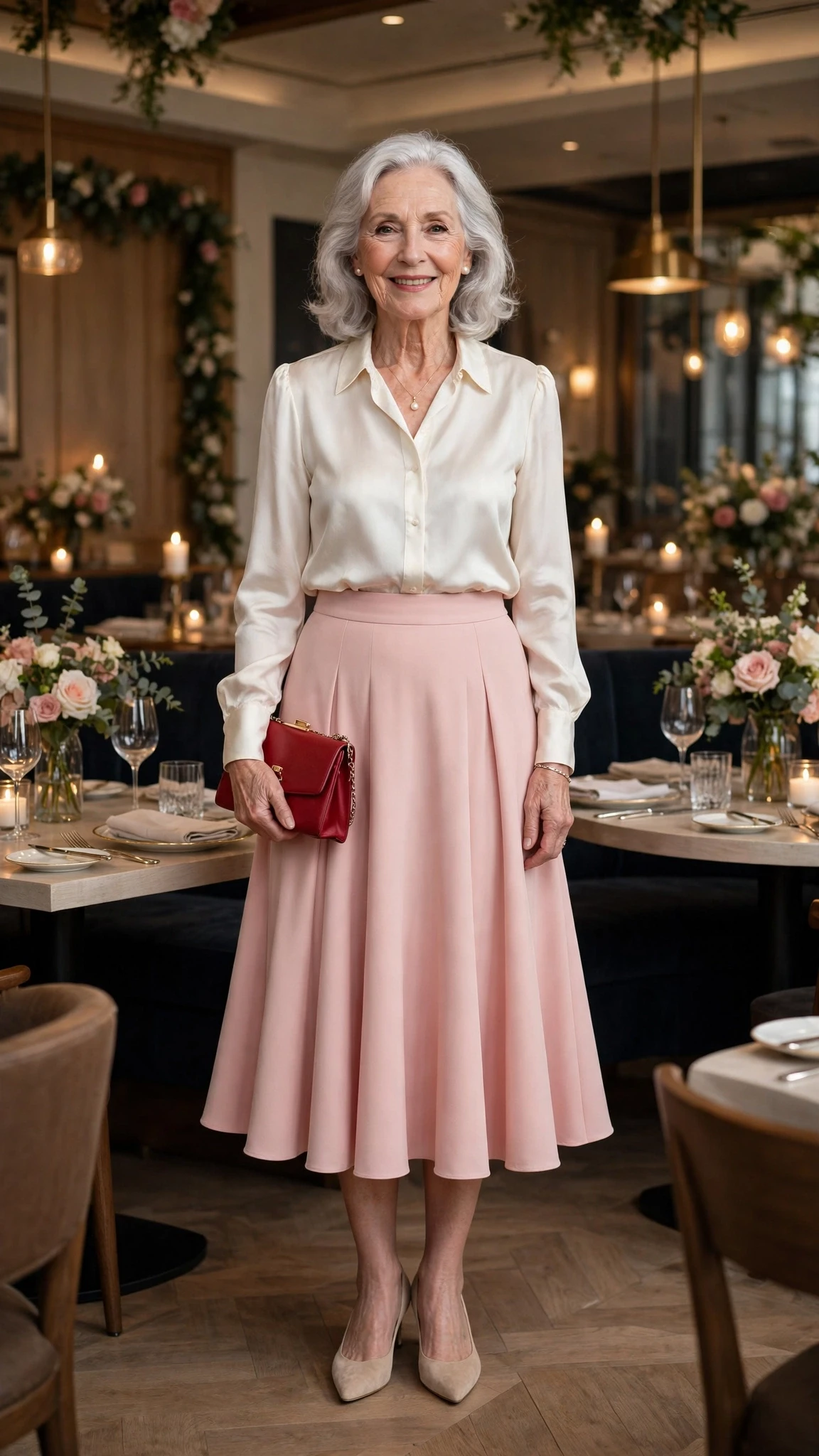 Blush Pink Flared Skirt with a red clutch