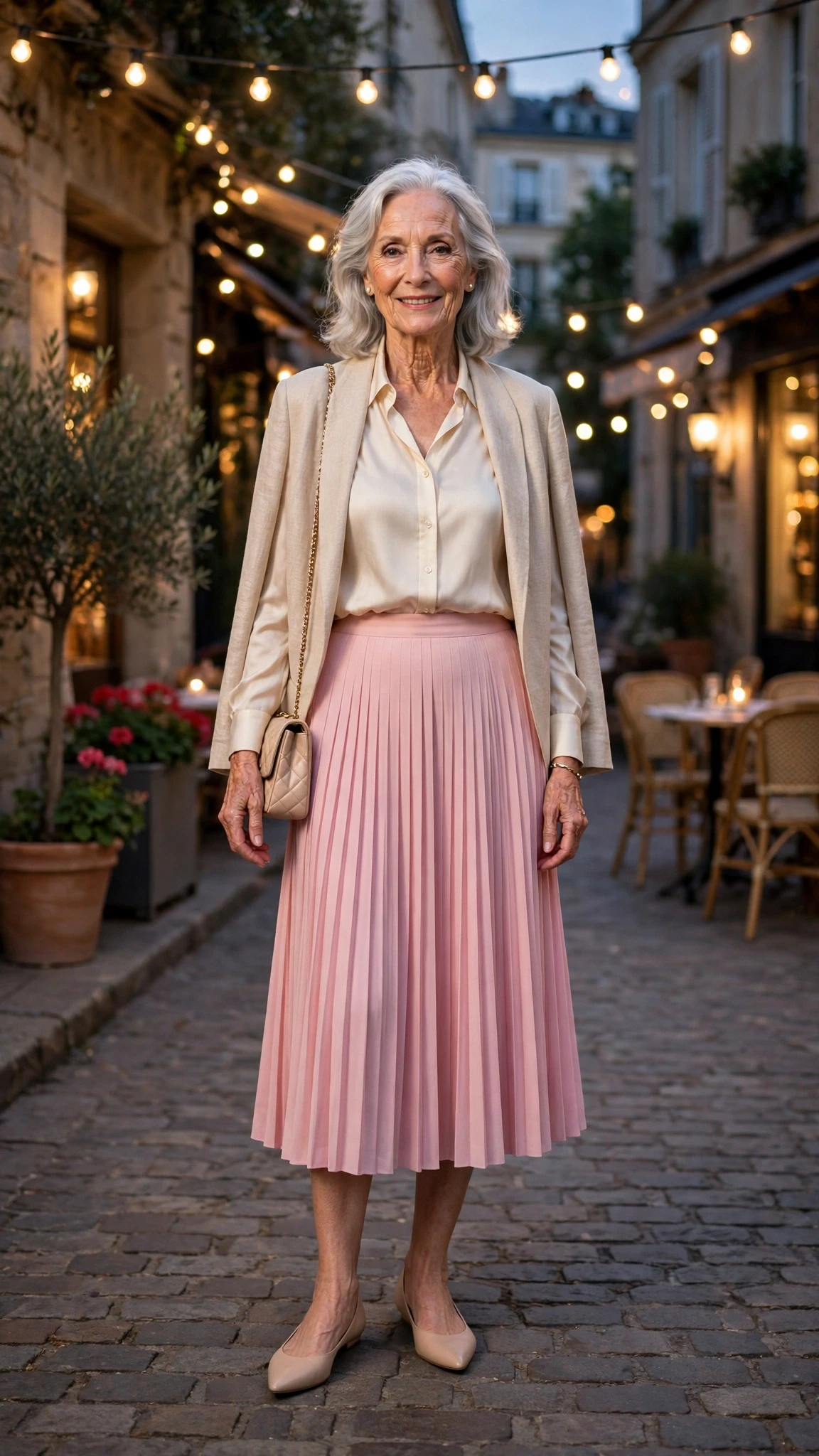 Pink Pleated Midi Skirt with nude pointed flats