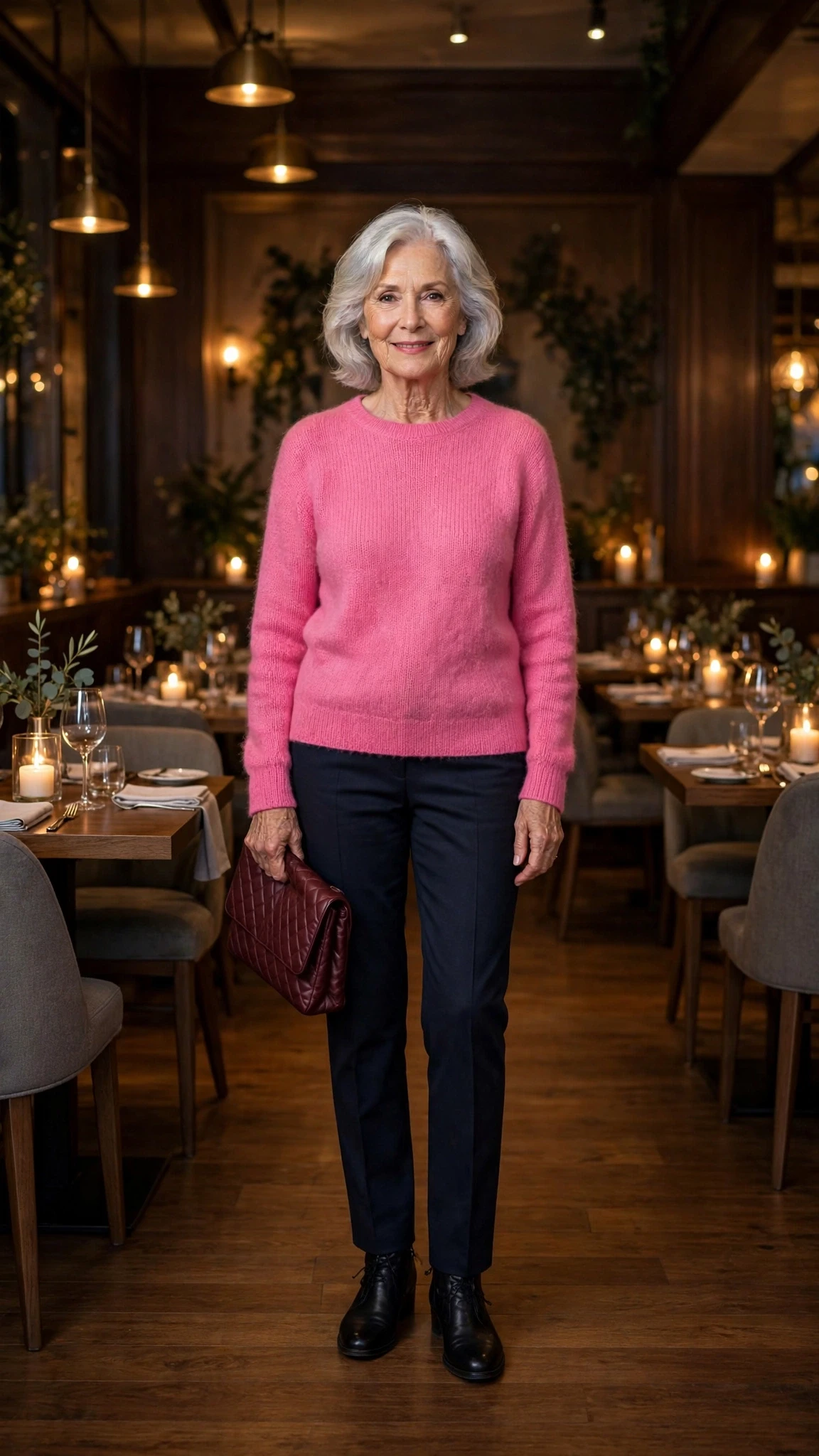 Bright Pink Fine Knit Sweater with a burgundy clutch