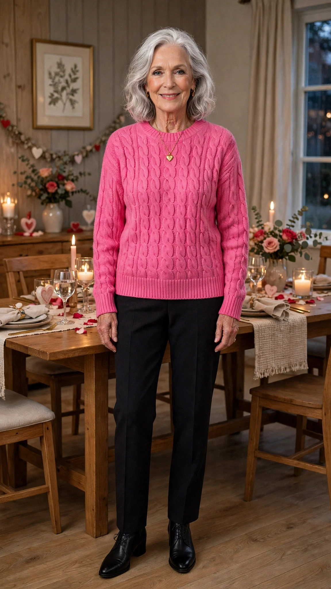 Bright Pink Cable-Knit Sweater with a gold pendant necklace