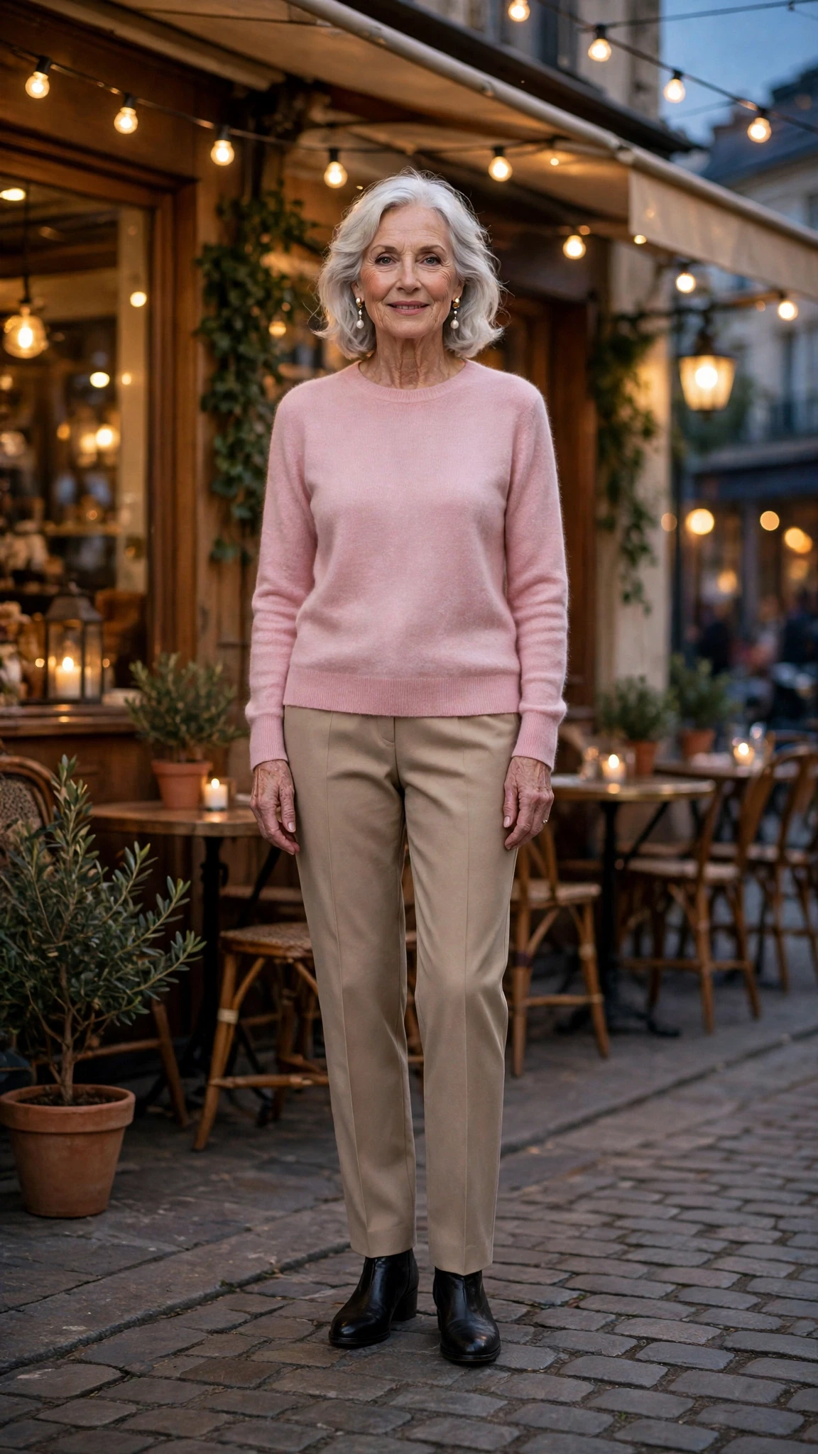 Soft Pink Crew-Neck Sweater with pearl drop earrings