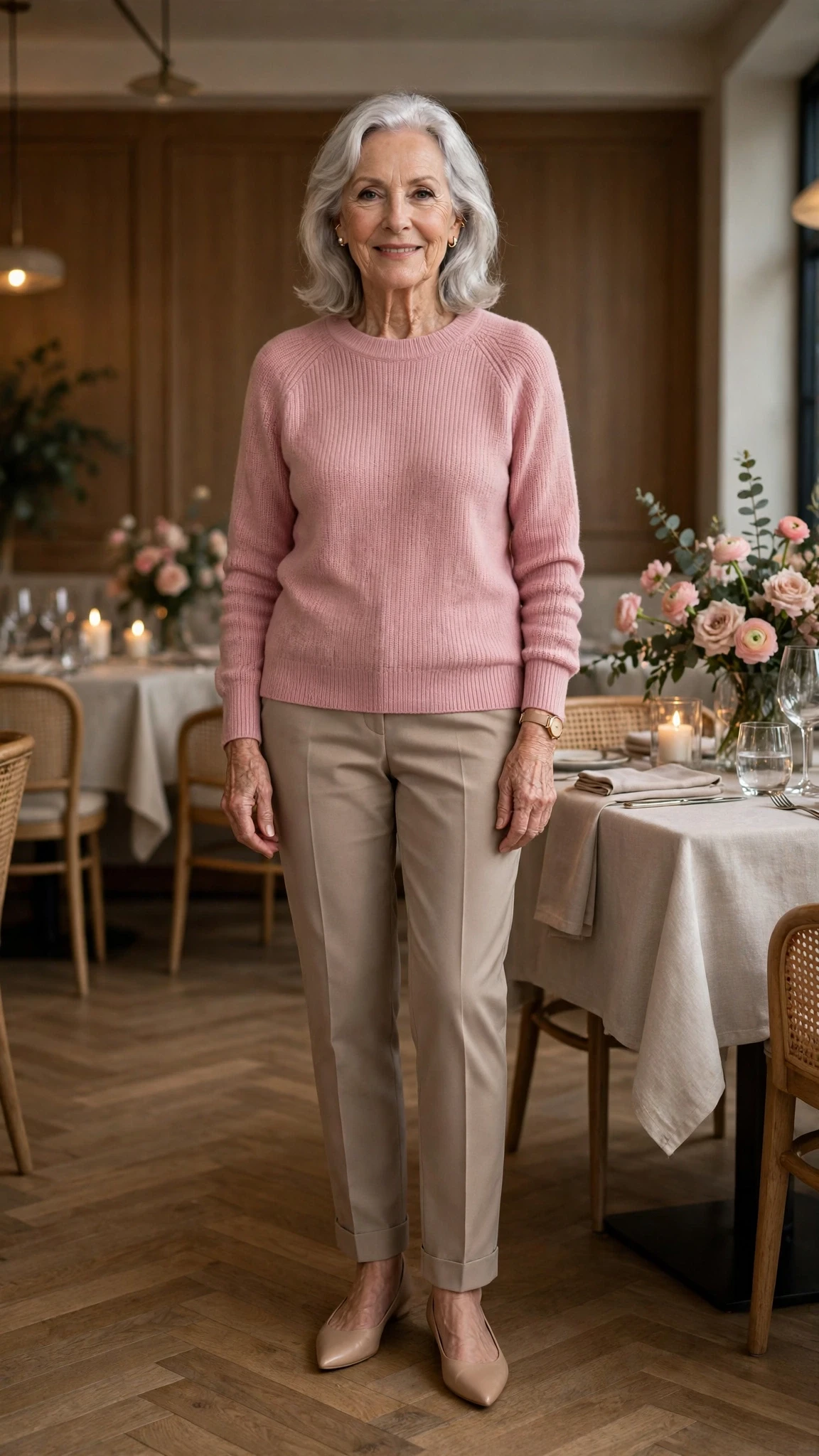 Dusty Pink Crew-Neck Sweater with nude pointed flats