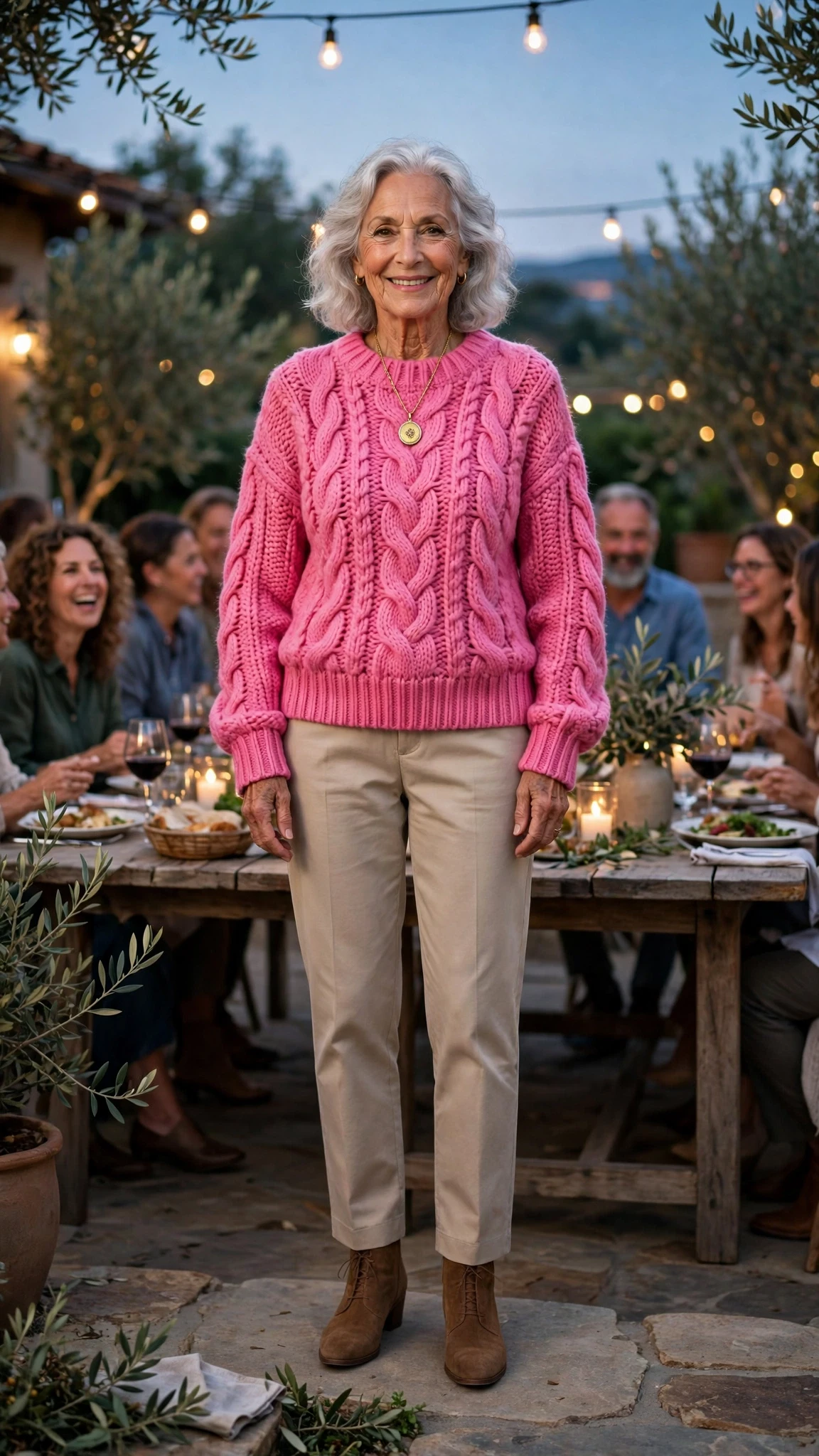 Bright Pink Chunky Knit Sweater with a gold pendant necklace
