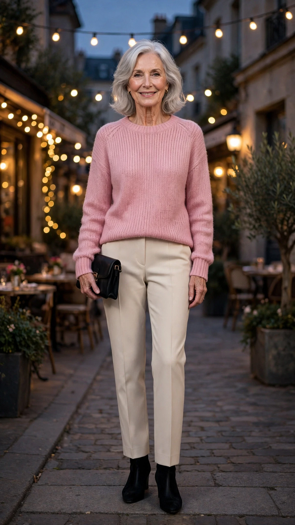 Rose Pink Fine Knit Sweater with a small black clutch