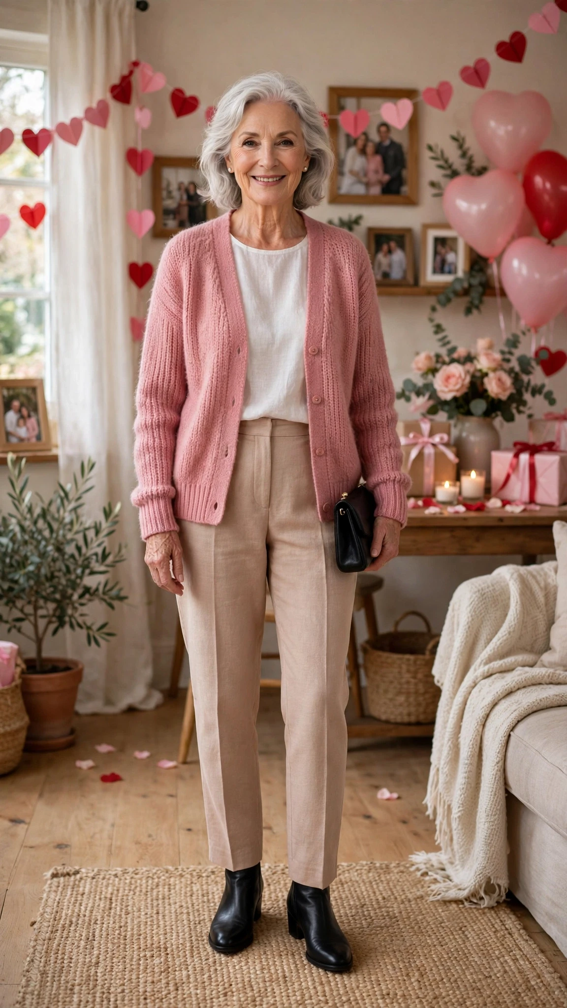 Rose Pink Cardigan Sweater with a small black clutch